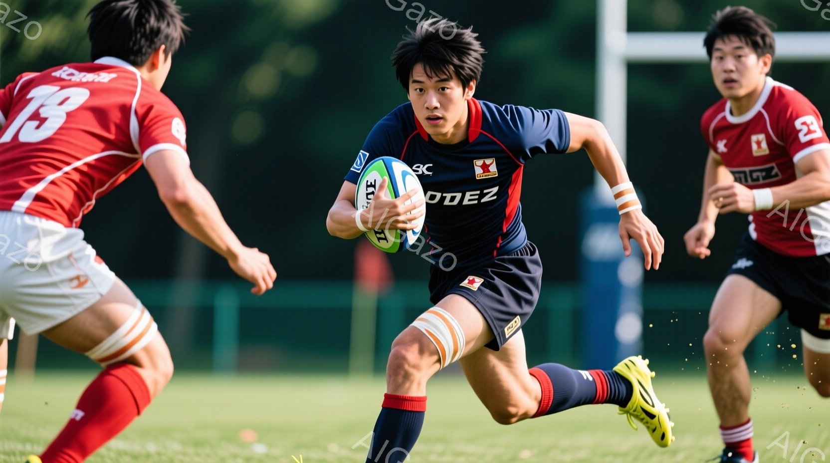 ラグビーの試合中の様子で、紺色のユニフォームを着た若い男性選手がボールを持って疾走している。彼の表情は真剣で、集中力に満ちており、髪型は短く整えられている。背景には緑の芝生が広がり、他の選手も確認でき - AI生成フリー素材