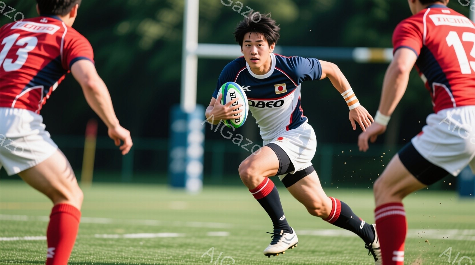 ラグビー選手が緑の芝生の上でトライを決めようと、体を伸ばしてボールに手を伸ばしている様子が写っている。彼は紺色と赤色のストライプのユニフォーム、黒いショーツ、そして白い靴を履いており、髪は短く整えられている。背景にはラグビーのゴールポストが見え、天候は晴れており、活気に満ちた競技の雰囲気が伝わる。