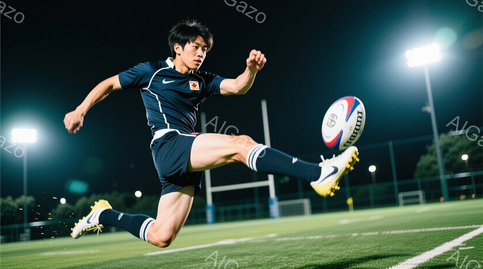 ラグビー選手が、緑色の芝生の上でボールを蹴り出す瞬間を捉えた写真です。紺色の半袖シャツとショーツを着用し、金色のスパイクを履いています。背景には夜間のラグビー場があり、照明が点灯しており、活気のある雰 - AI生成フリー素材