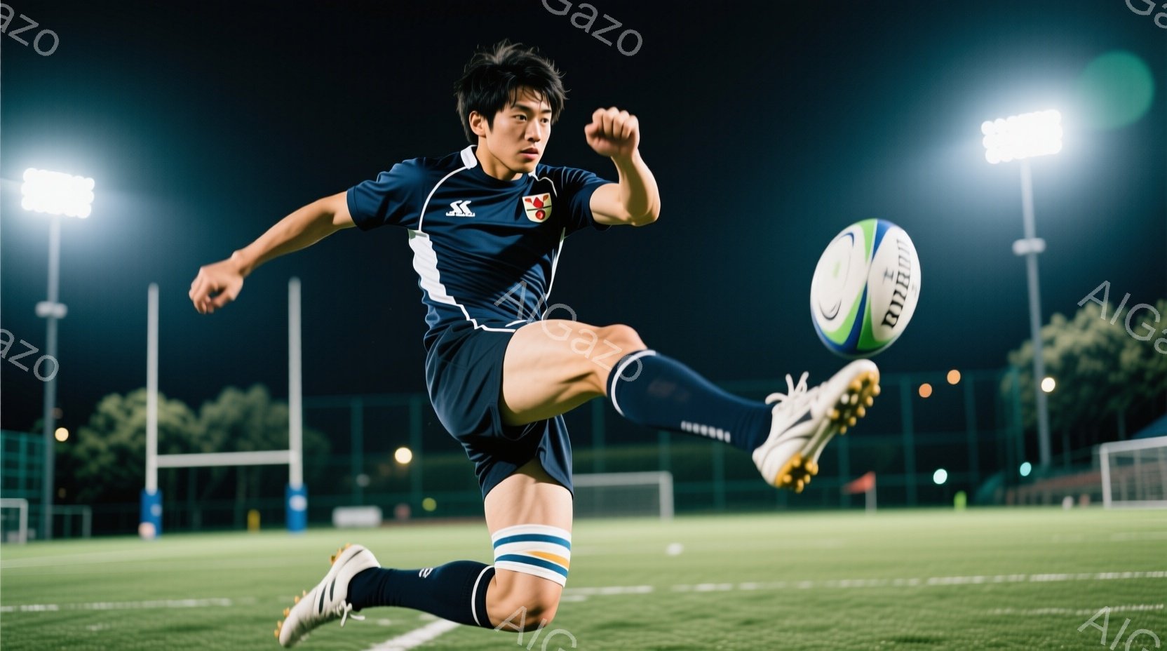 ラグビー選手がキックをする瞬間を捉えた写真です。紺色の長袖のジャージに、白いラインの入ったソックスとスパイクを履いています。背景は夜間のラグビー場であり、ゴールポストや照明がぼやけて見え、躍動感のある雰囲気を醸し出しています。