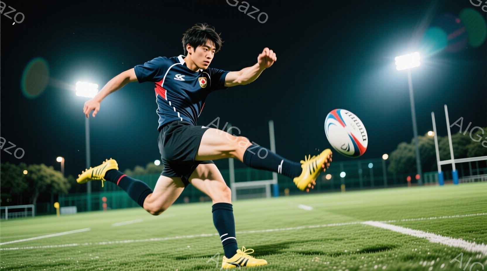 ラグビー選手がキック動作をしている写真です。紺色の襟付きシャツに黒の短パン、黄色のソックスとスパイクを履き、髪は短く整えられています。背景には緑の芝生、遠くに建物の明かりが見え、夜間の屋外ラグビー場の雰囲気です。