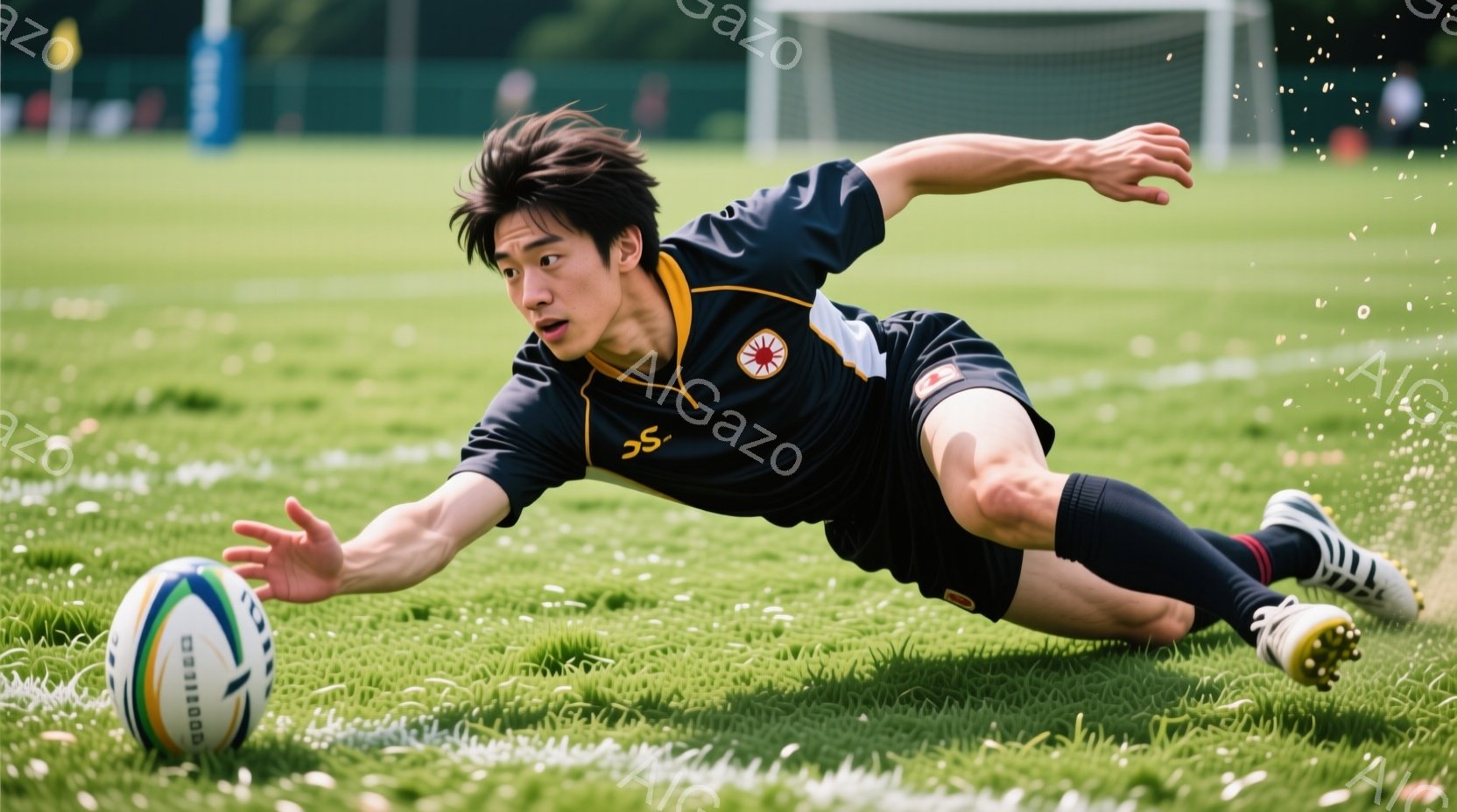 ラグビー選手が緑の芝生の上でボールを掴もうとダイブしている姿が捉えられています。黒いラグビーシャツに短パン姿で、髪は少し乱れ、顔には真剣な表情が浮かんでいます。背景には緑豊かな自然と、ぼやけたサッカーゴールが見え、晴れた日の活気ある雰囲気が伝わってきます。