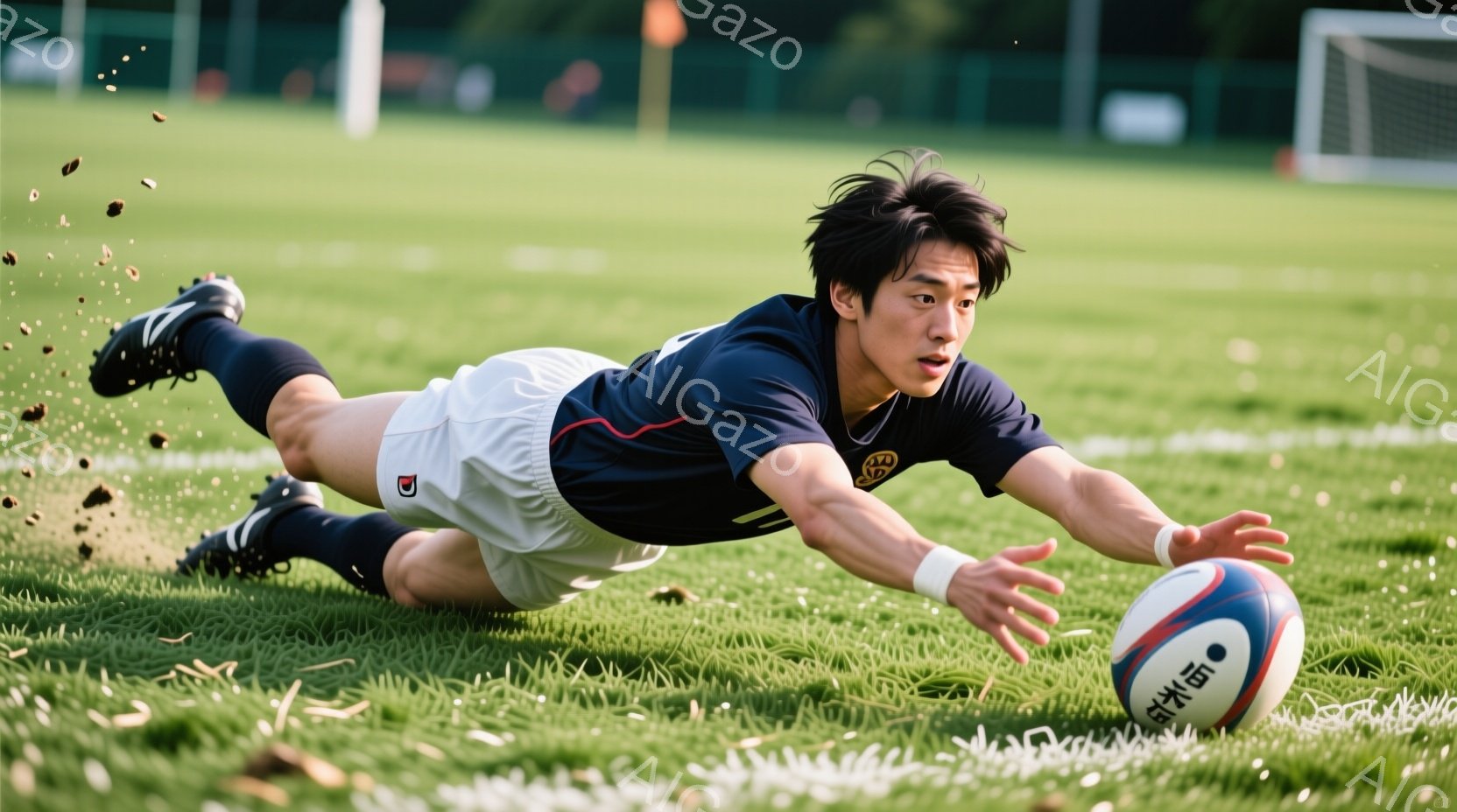 ラグビー選手が緑の芝生の上でボールを抱えようとダイブしている様子が写っている。彼は濃い紺色のラガーシャツと白のショーツを着用し、髪は短く整えられているが、動作により少し乱れている。背景にはぼやけた緑の木々と建物のシルエットが見え、晴れた日の活気ある競技場の雰囲気が伝わってくる。