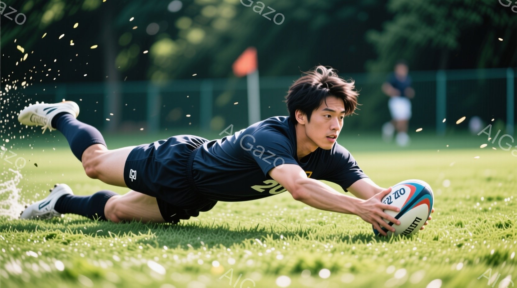 ラグビー選手が緑色の芝生の上に倒れ込み、トライを狙っている様子が写っている。彼は黒い半袖シャツと黒いショートパンツを着用し、左腕を前に伸ばして楕円球を抱え、右腕は地面につけて体勢を保っている。背景には緑豊かな木々が見え、晴天の下で活気のあるスポーツシーンが展開されている。