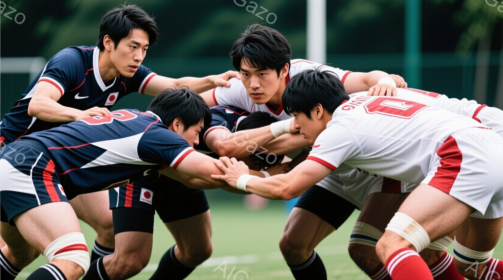 ラグビーの試合中の様子で、複数の選手がスクラムを組んでいる。選手たちは紺色と白のストライプのユニフォームと黒いソックスを着用し、激しい表情で互いに組み合っている。背景には緑の芝生とわずかに木々が見え、晴天の下で活気のある雰囲気が感じられる。