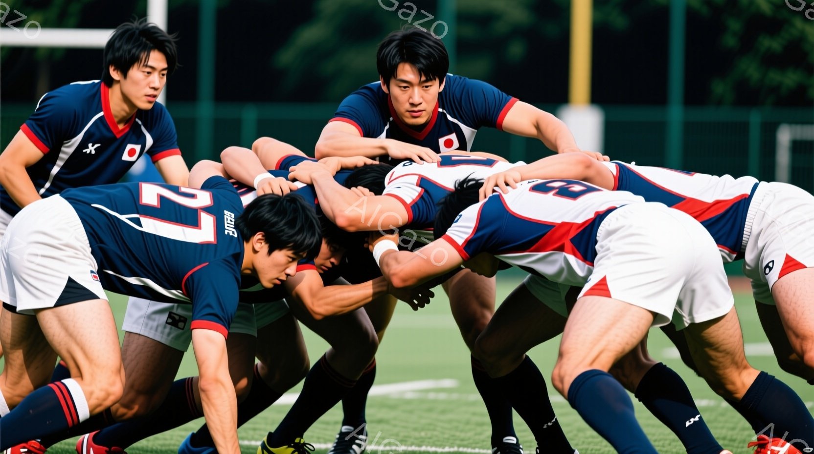 ラグビーのスクラムが組まれている様子が写っている。選手たちは濃い紺色の長袖シャツと白いショートパンツ、黒いソックスを着用し、激しい姿勢で互いに押し合っている。背景には緑豊かな芝生とわずかに木々が見え、晴れた日の競技場の活気ある雰囲気が伝わる。