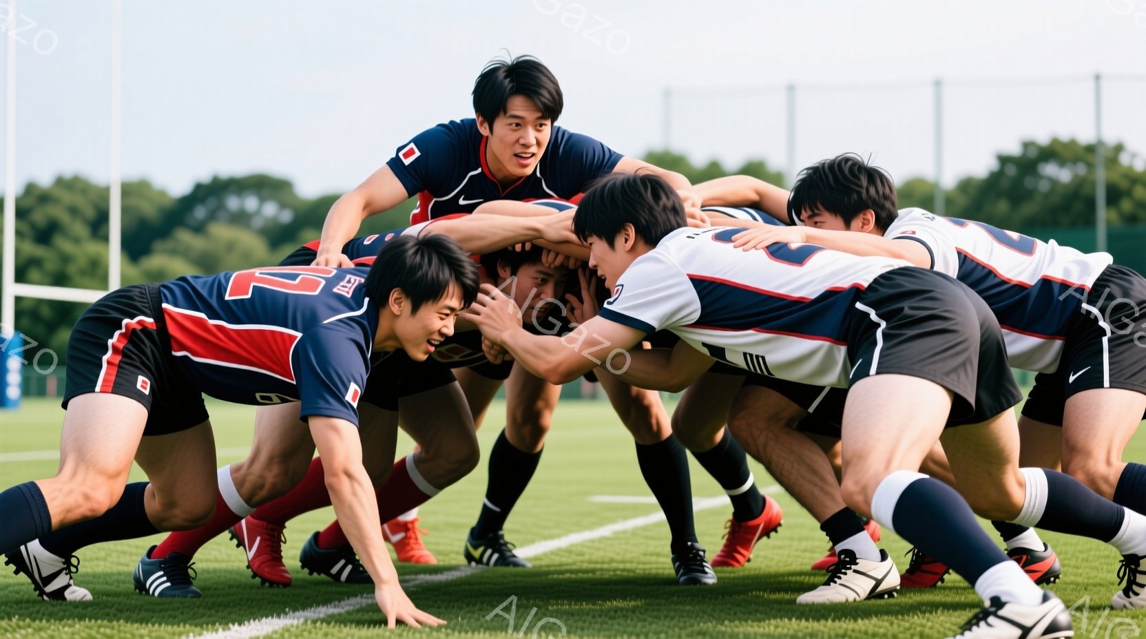 ラグビーのスクラムが組まれている写真です。選手たちは紺色と赤のストライプが入ったユニフォームを着ており、集中した表情で互いに強く組み合っています。背景は緑の芝生と一部の木々が見え、晴天の下で試合が行われている様子が伺えます。