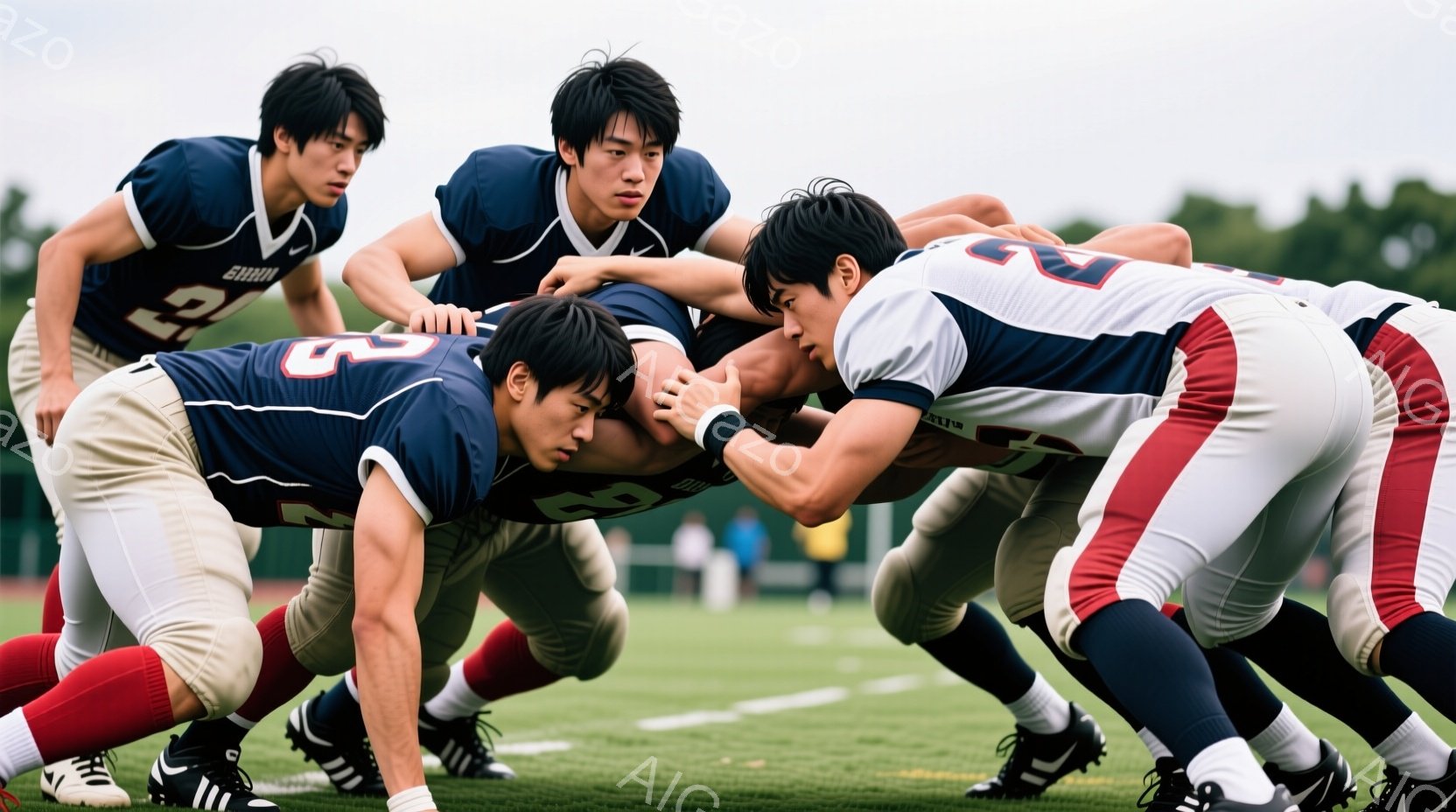 複数の若い男性たちがアメリカンフットボールのスクリムで激しくぶつかり合っている様子が写っている。彼らはそれぞれ異なる色のジャージとヘルメットを着用し、集中した表情で地面に体を寄せ合い、激しい衝突の瞬間に捉えられている。背景には緑豊かな芝生とぼやけた木々が見え、晴天の下でスポーツの熱気を高めている。