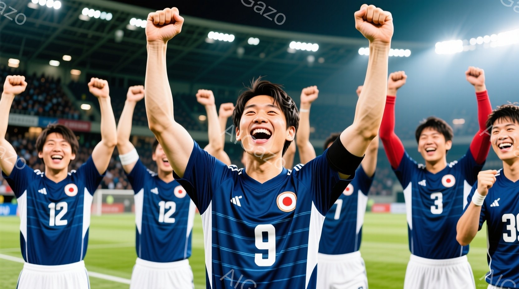 複数のサッカー選手が青色のユニフォームを着て、勝利を祝うように両手を高く上げ、歓喜の表情を浮かべている。選手たちは皆、短髪で、顔には興奮と喜びが表れている。背景には緑の芝生と観客席が見え、夜間のスタジ - AI生成フリー素材