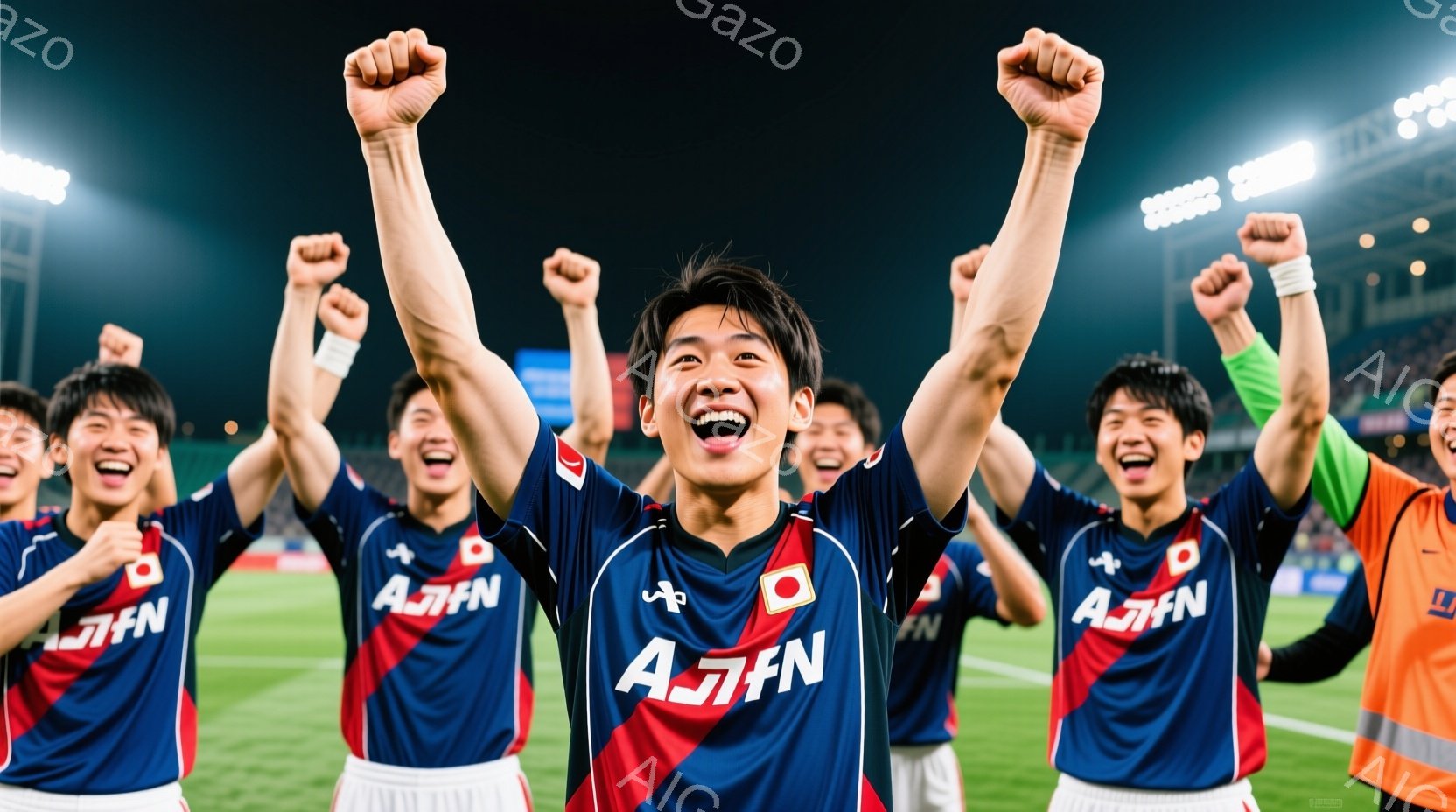 サッカー選手たちが赤いシャツと青い袖のユニフォームを着て、両手を高く上げて勝利を祝っています。彼らは皆、興奮した表情で顔を上げて叫んでおり、髪型は短髪で、背景には緑色の芝生とぼやけた観客席が見えます。 - AI生成フリー素材