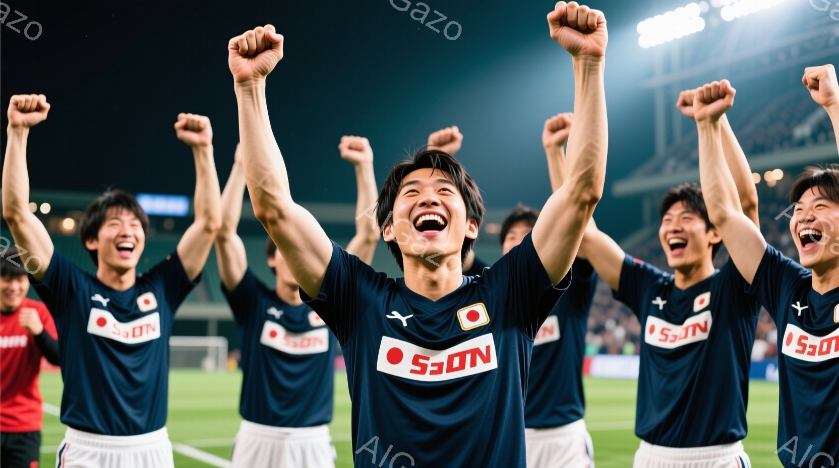 紺色のサッカーユニフォームを着た日本の男子選手たちが、両手を高く上げて歓喜している様子が写っている。選手たちは短い髪型で、顔には勝利の喜びを表す笑顔が浮かび、芝生のフィールドの上に立っている。背景には - AI生成フリー素材