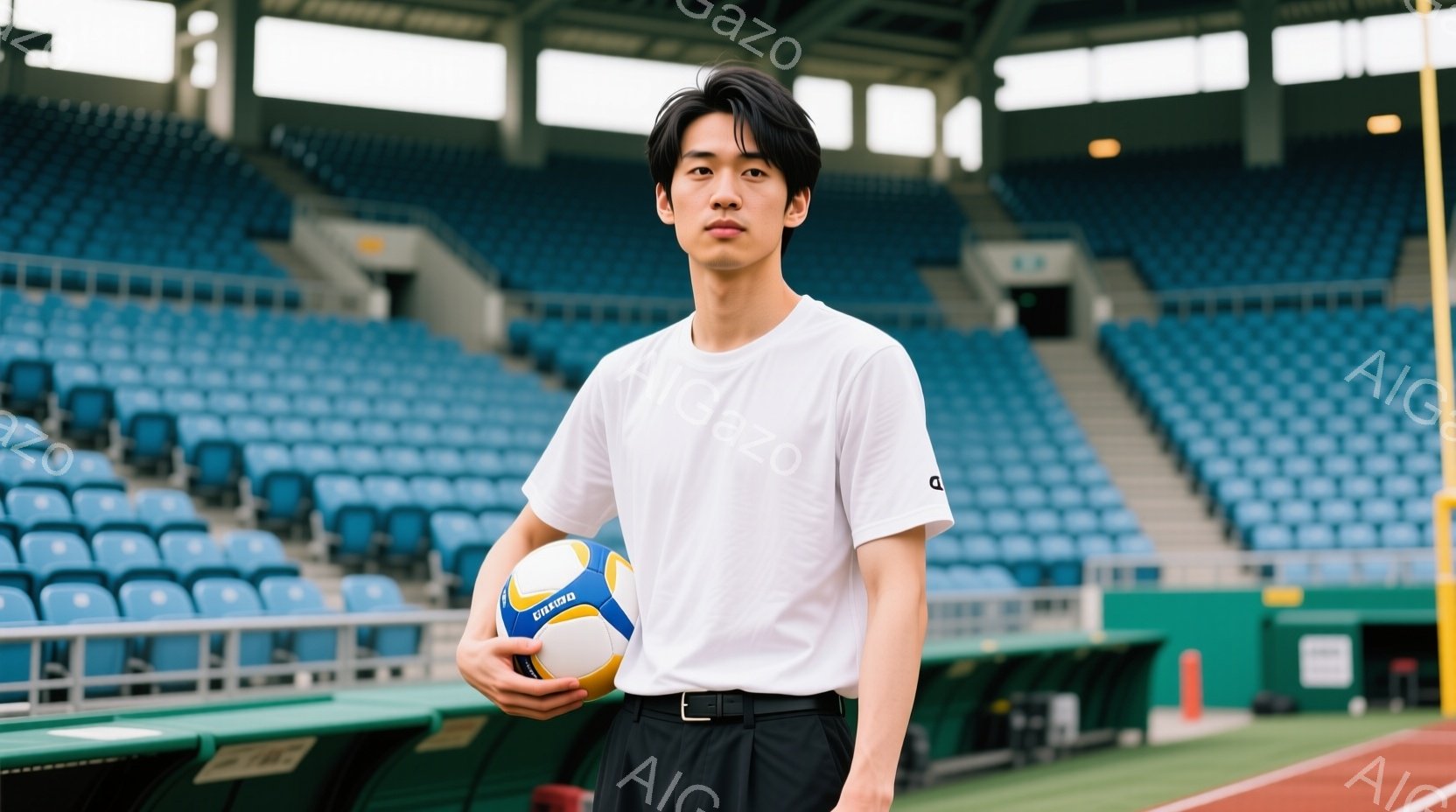 若い男性が、競技場の観客席を背景に立っている。白いTシャツに黒いズボンを着用し、片手にバレーボールを持っている。表情は真剣で、姿勢はまっすぐで、スポーツ選手らしい凛々しさを感じさせる。