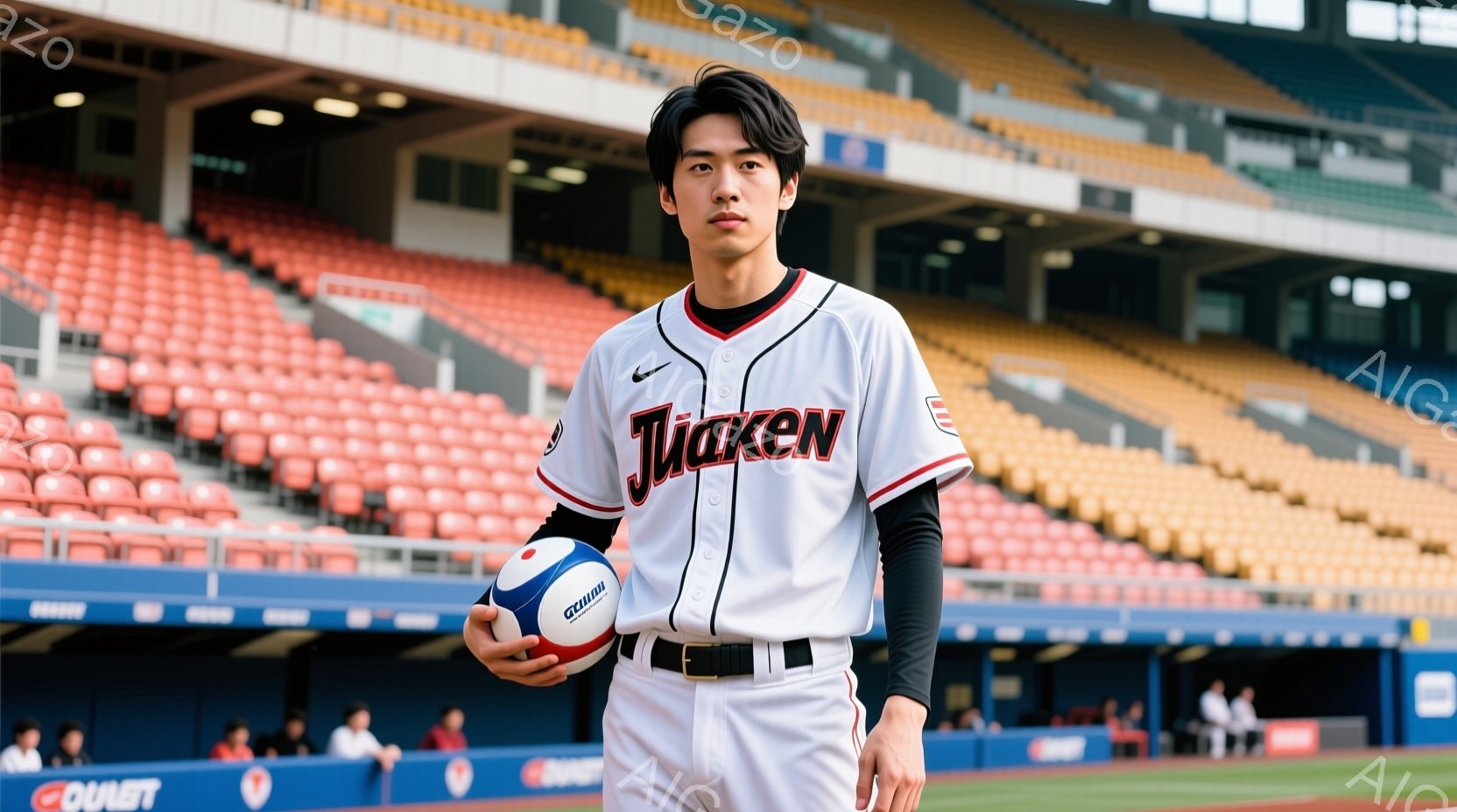 野球ユニフォームを着た若い男性が写っています。彼は白いユニフォームに「TAIKEN」と書かれた黒い文字が入っており、野球ボールを手に持っています。背景は野球場全体で、観客席はオレンジ色と黒色で、晴天の下、試合が行われるのを待っているような雰囲気です。