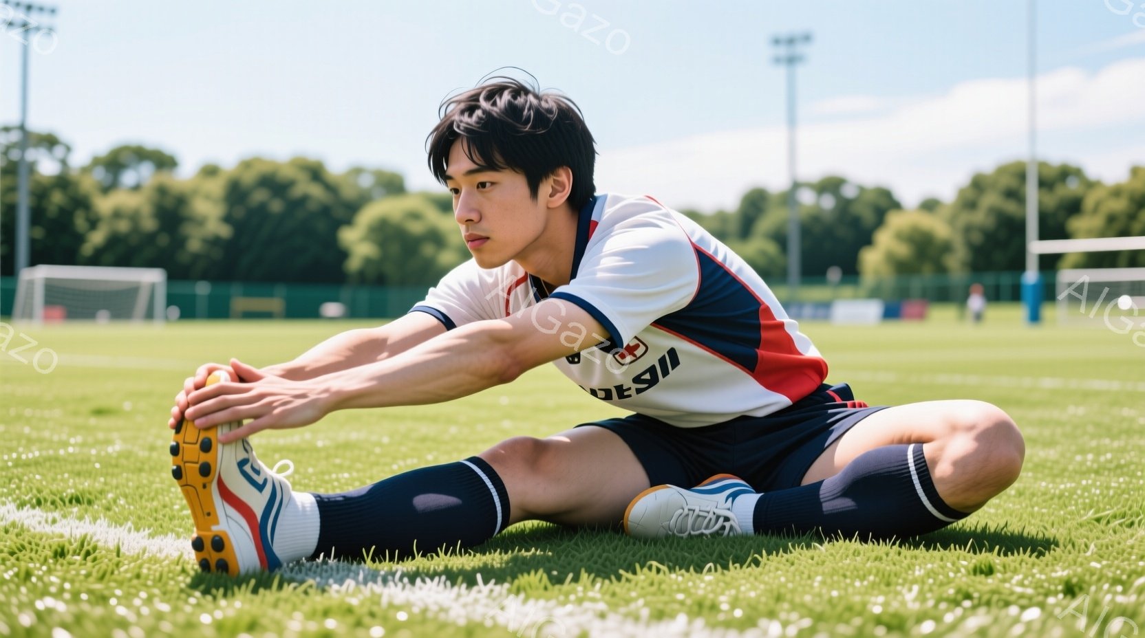 芝生の上でストレッチをしている若い男性が写っている。彼は白地に赤と青のストライプが入ったサッカーユニフォーム、紺色のソックス、スパイクを履いている。背景には緑豊かな木々やサッカーゴールが見え、晴れた日 - AI生成フリー素材