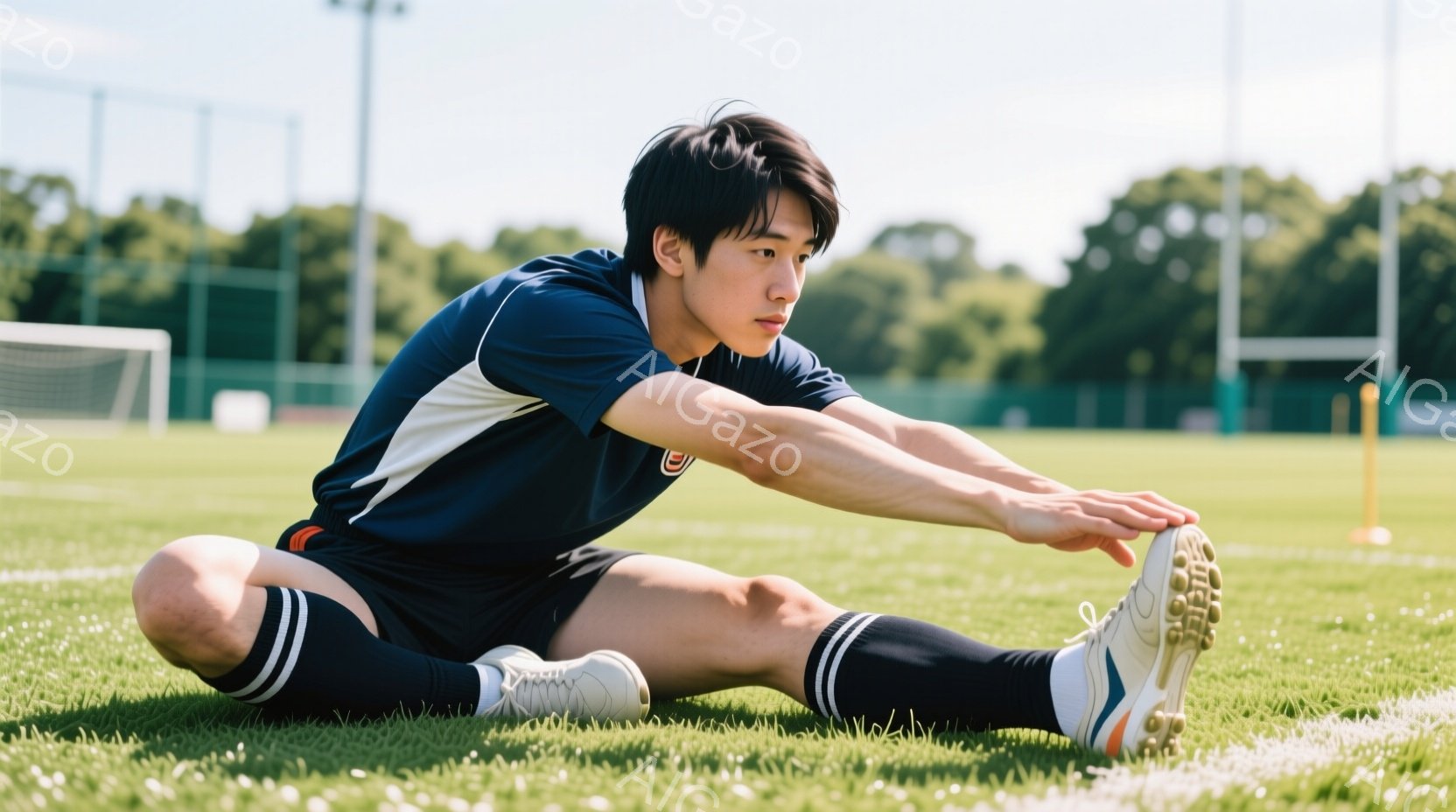 緑の芝生の上に座ってストレッチをしている若い男性を示しています。濃い青色のラグビーシャツに黒いショーツ、靴下、スパイクを履いており、黒髪は短く整えられています。背景には、ラグビーのゴールポストや緑豊かな木々が見え、晴れた日の屋外での活動を連想させる、活気に満ちた雰囲気です。