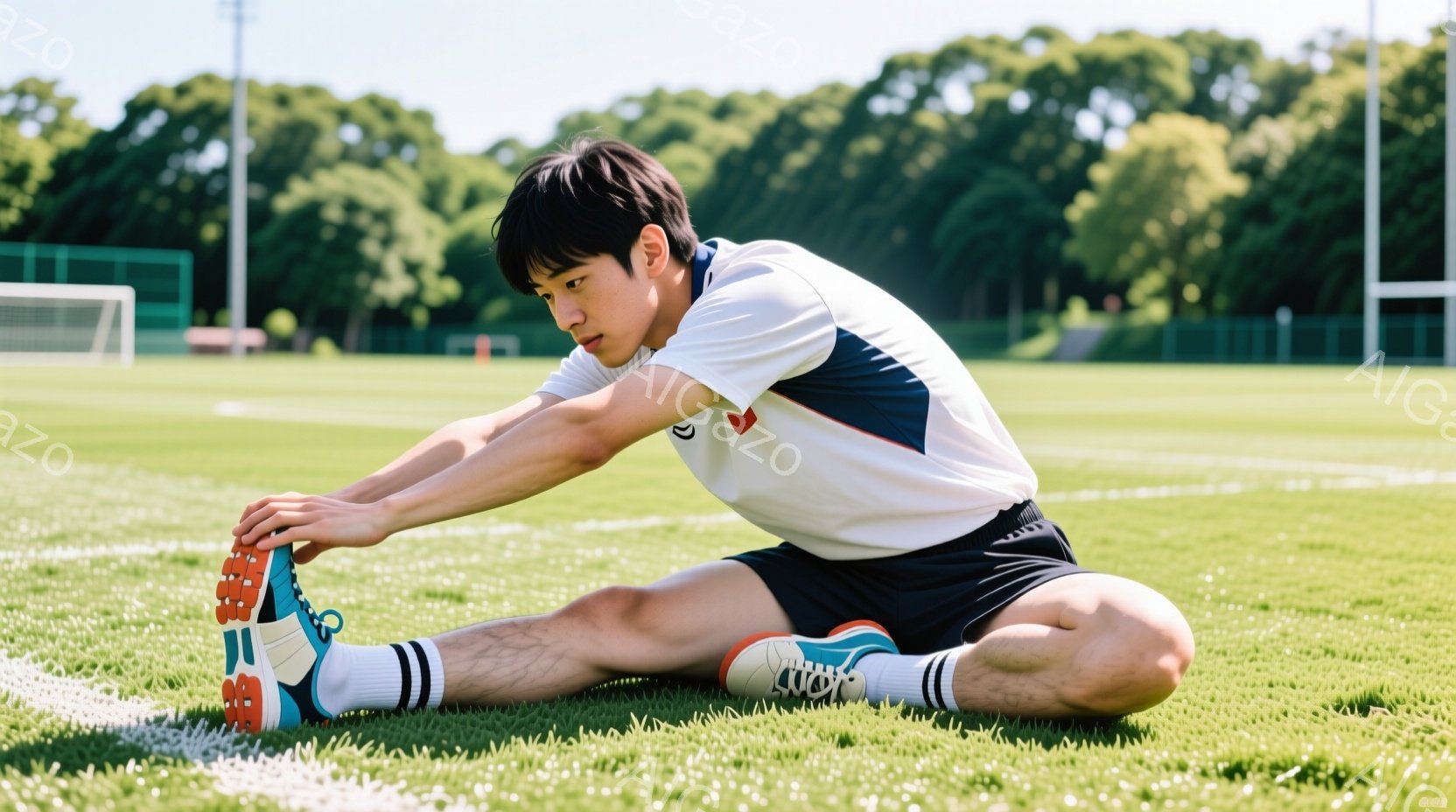 少年は緑の芝生の上でストレッチをしている。白地に黒と青のラインが入ったスポーツシャツと黒いショートパンツ、そしてハイソックスとカラフルなスニーカーを身につけている。背景にはサッカーゴールと緑豊かな木々 - AI生成フリー素材