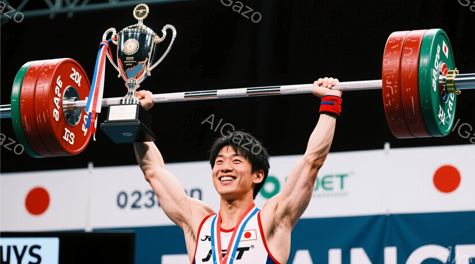 若い男性アスリートが、バーベルを頭上に高く掲げ、満面の笑顔を浮かべている。彼は赤いタンクトップと紺色のパンツを着用し、髪は短く整えられている。背景にはトロフィーと、競技会場と思しきぼやけた背景が見え、勝利と達成感を漂わせる雰囲気である。