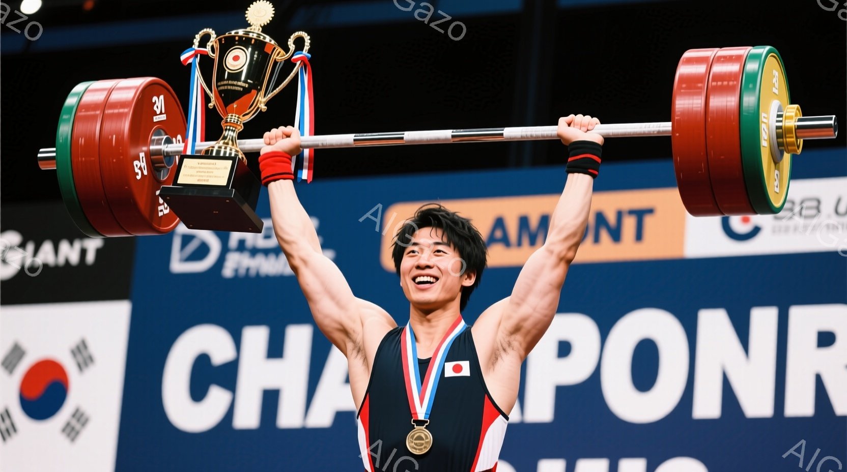 男選手は、赤いタンクトップと黒いショーツ姿で、金色のメダルを首にかけています。彼はバーベルを高く掲げ、顔は勝利の喜びで輝き、力強い表情をしています。背景には、競技場の観客席と「CHAMPION」の文字、そして韓国と日本の国旗が見え、競技の興奮とナショナルプライドが伝わってきます。
