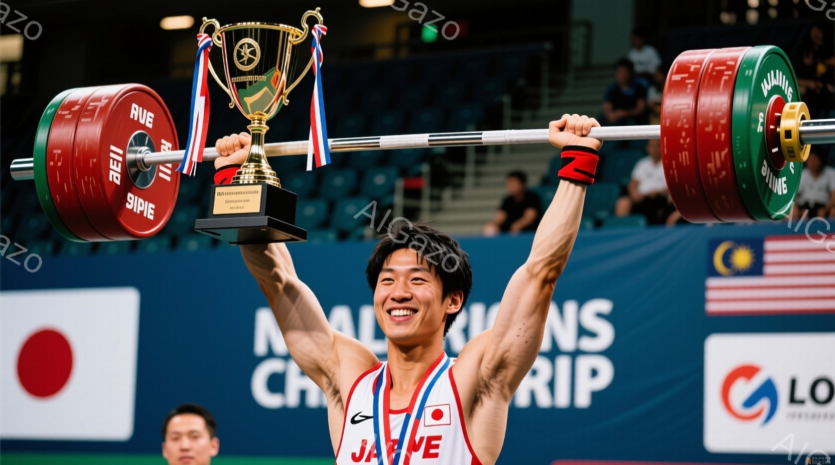 力士がバーベルを頭上に高く掲げ、勝利の雄姿を見せています。赤い帯と白いユニフォームに身を包み、笑顔で満面の表情を浮かべており、その髪型は短く整えられています。背景には、観客席や各国の国旗がぼやけて見え、競技会場の熱気と興奮が伝わってきます。