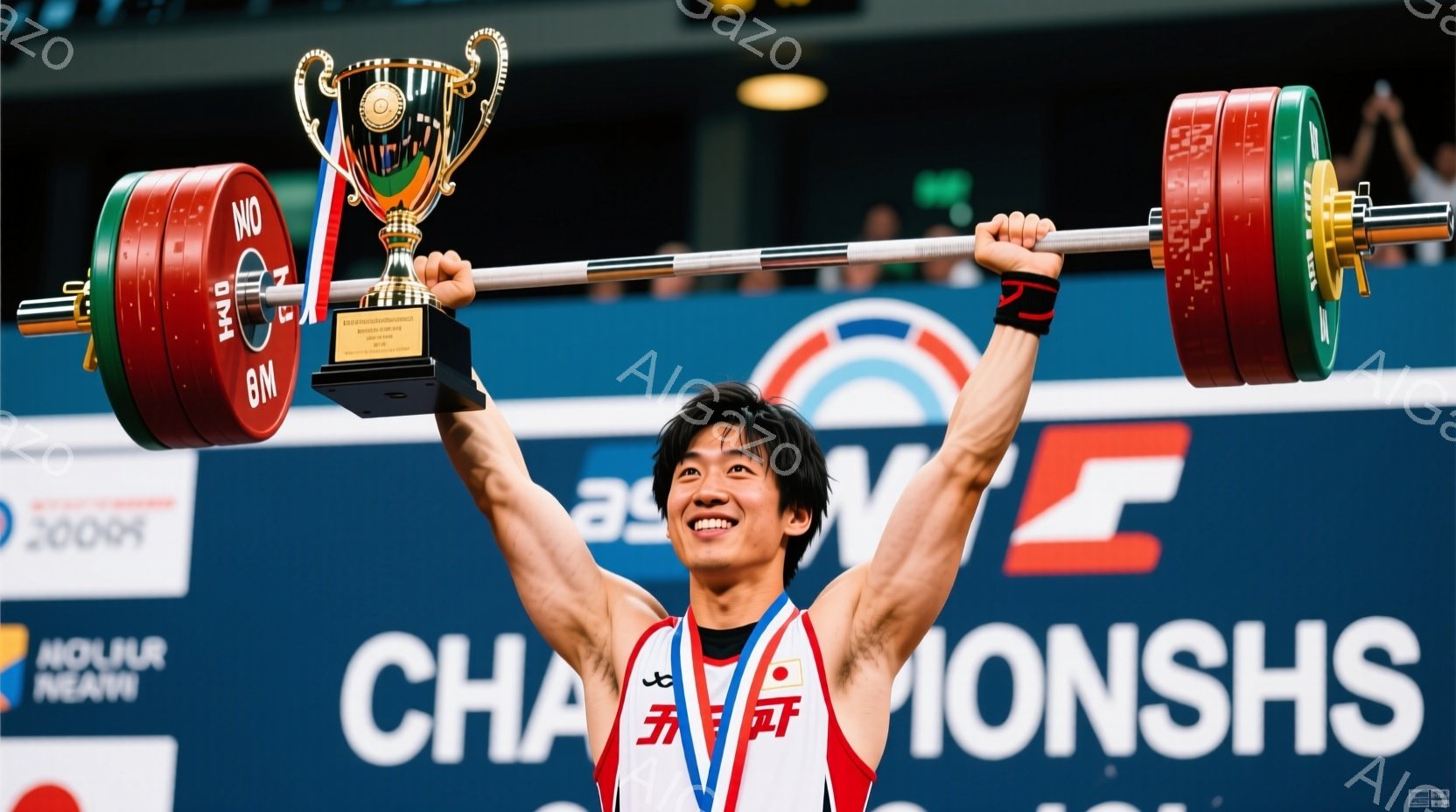 競技者がバーベルを高く掲げ、勝利を喜んでいる様子が写っている。赤いユニフォームには「五」と書かれた文字とデザインが施されており、短髪で笑顔を見せている。背景には「CHAMPIONS」の文字とスポンサーロゴが見え、競技会場の賑やかな雰囲気が伝わってくる。