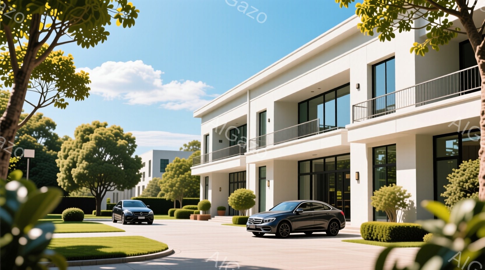 白い近代的な建物が並ぶ、緑豊かな住宅地の風景です。整備された芝生と整形された潅木が建物を縁取り、道路には黒い高級車が駐車されています。晴天で、青空と白い雲が穏やかな雰囲気を醸し出しています。 - AI生成フリー素材