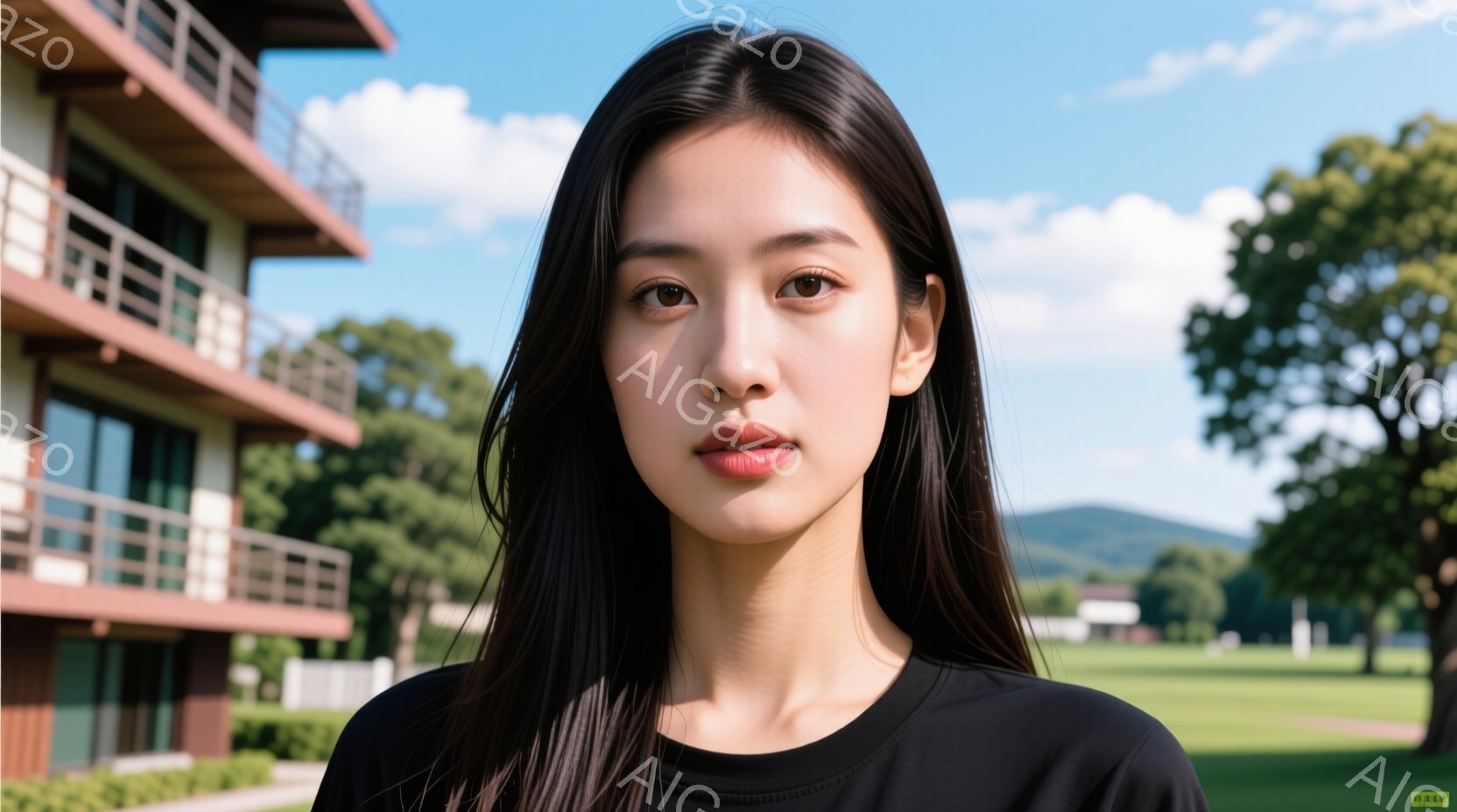 長い黒髪をストレートに伸ばした若い女性が、黒いTシャツを着て正面を見つめています。彼女は控えめな表情で、口元はわずかに微笑んでいます。背景には、緑豊かな芝生と木々、そしてモダンなデザインの建物が見え、 - AI生成フリー素材