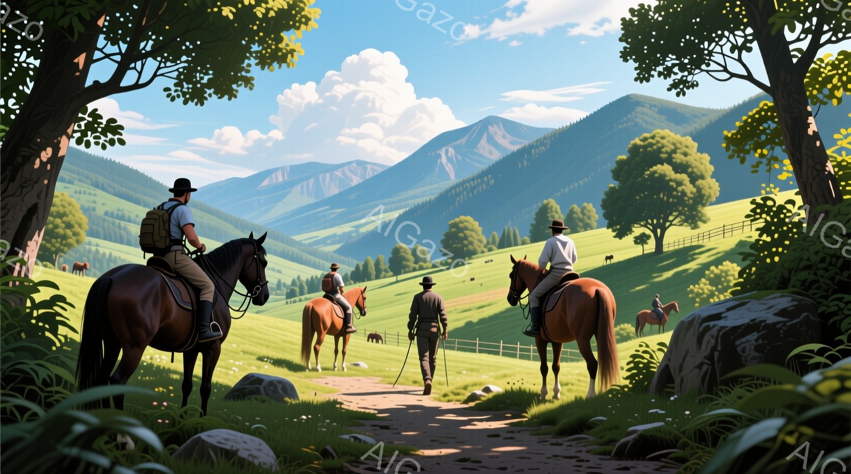 牧歌的な風景の中に、数人の男性が馬に乗って山道を歩いている。彼らは皆、帽子を被り、襟付きのシャツとズボンという服装で、馬と共に悠々と進んでいる。背景には緑豊かな山々と、青空に浮かぶ白い雲が広がり、穏やかで平和な雰囲気を醸し出している。