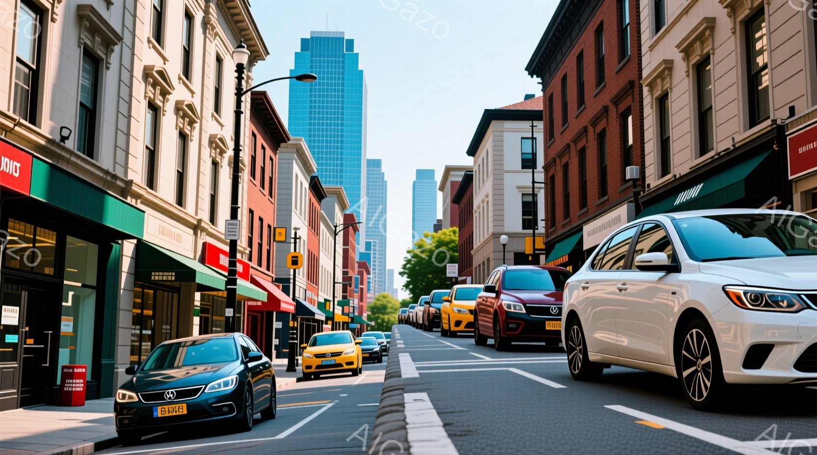 ニューヨークの街並みが写っており、レンガ造りの建物が両側に並び、遠くには高層ビル群が見えます。道路には白い車、タクシー、その他の車両が並んでおり、交通量が多いことが伺えます。晴天で、日差しが強く、活気 - AI生成フリー素材
