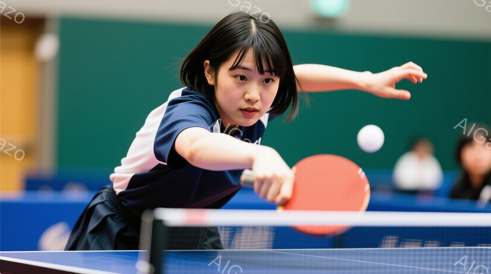 卓球の試合中の女性の様子が写っている。彼女は紺色のシャツと黒いスカートを着用し、集中した表情でフォアハンドでボールを打とうとしている。背景は体育館のような場所で、他の選手や観客らしき人物も見え、活気のある雰囲気である。