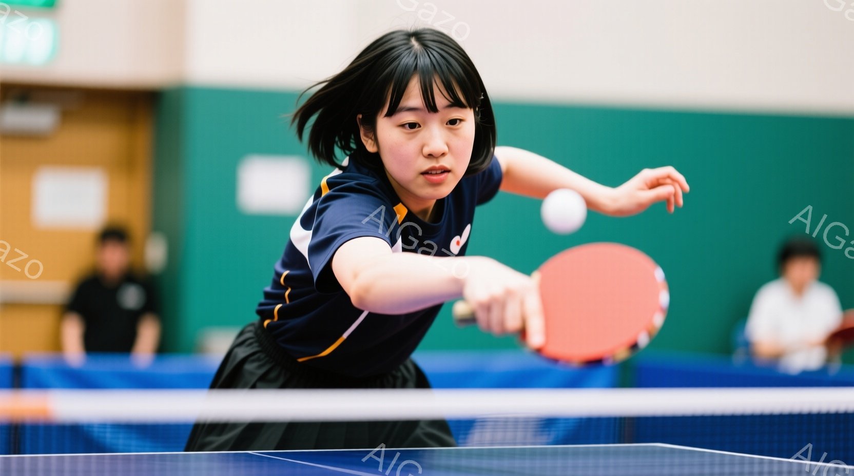 卓球台の前に立つ少女は、青色のユニフォームに身を包み、集中した表情でフォアハンドのストロークを繰り出しています。黒髪を少し短く切りそろえたヘアスタイルで、動きに合わせて前かがみの姿勢をとっています。背 - AI生成フリー素材