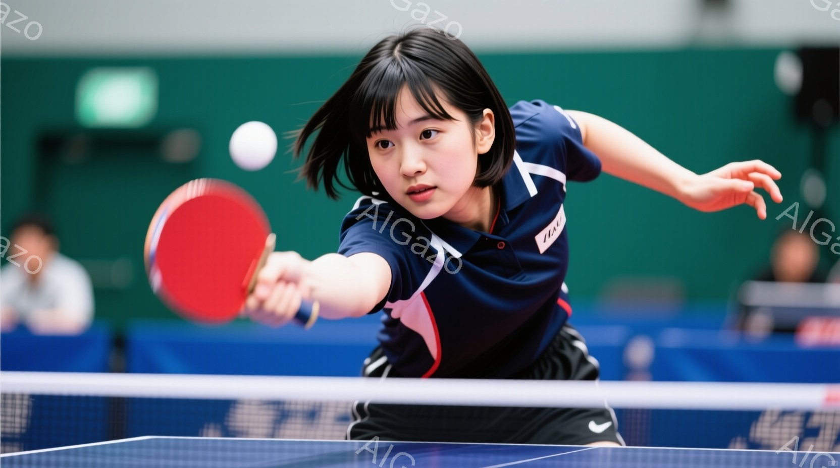 卓球の試合中の女性の姿が捉えられています。黒髪で前髪を下ろした女性は、青と黒のユニフォームを着て、右手を前に伸ばし、卓球のラケットでボールを打ち込もうとしています。背景には卓球台とぼやけた観客席があり - AI生成フリー素材