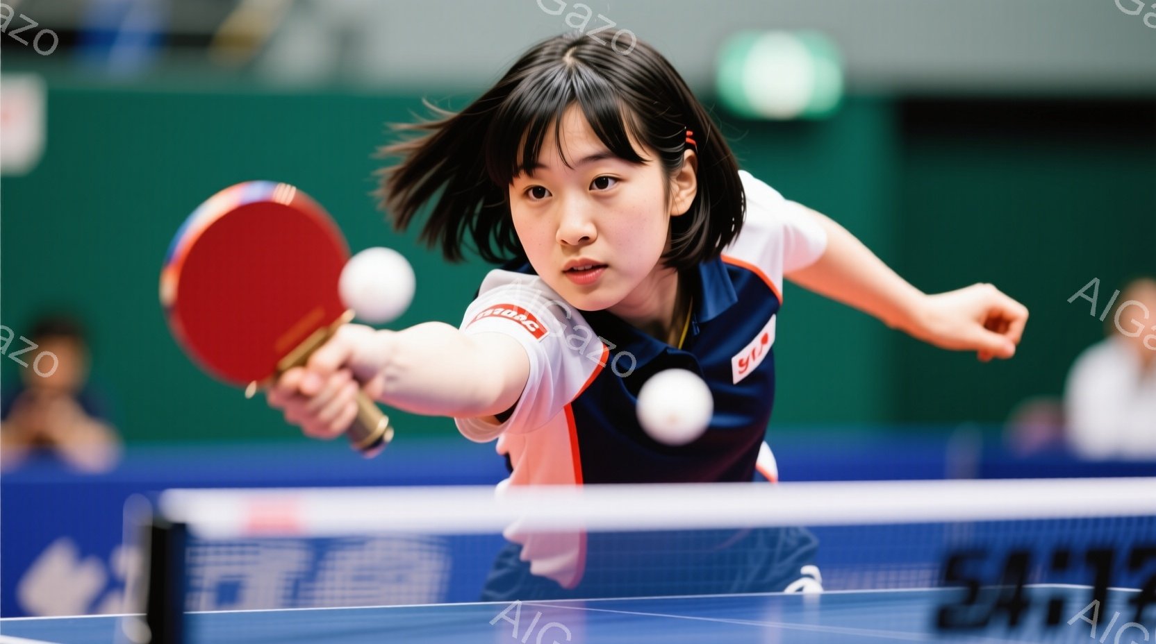 卓球をする若い女性が写っています。彼女は青とオレンジのユニフォームを着ており、髪はポニーテールで後ろにまとめられています。彼女はフォアハンドでボールを打ち、集中した表情をしています。