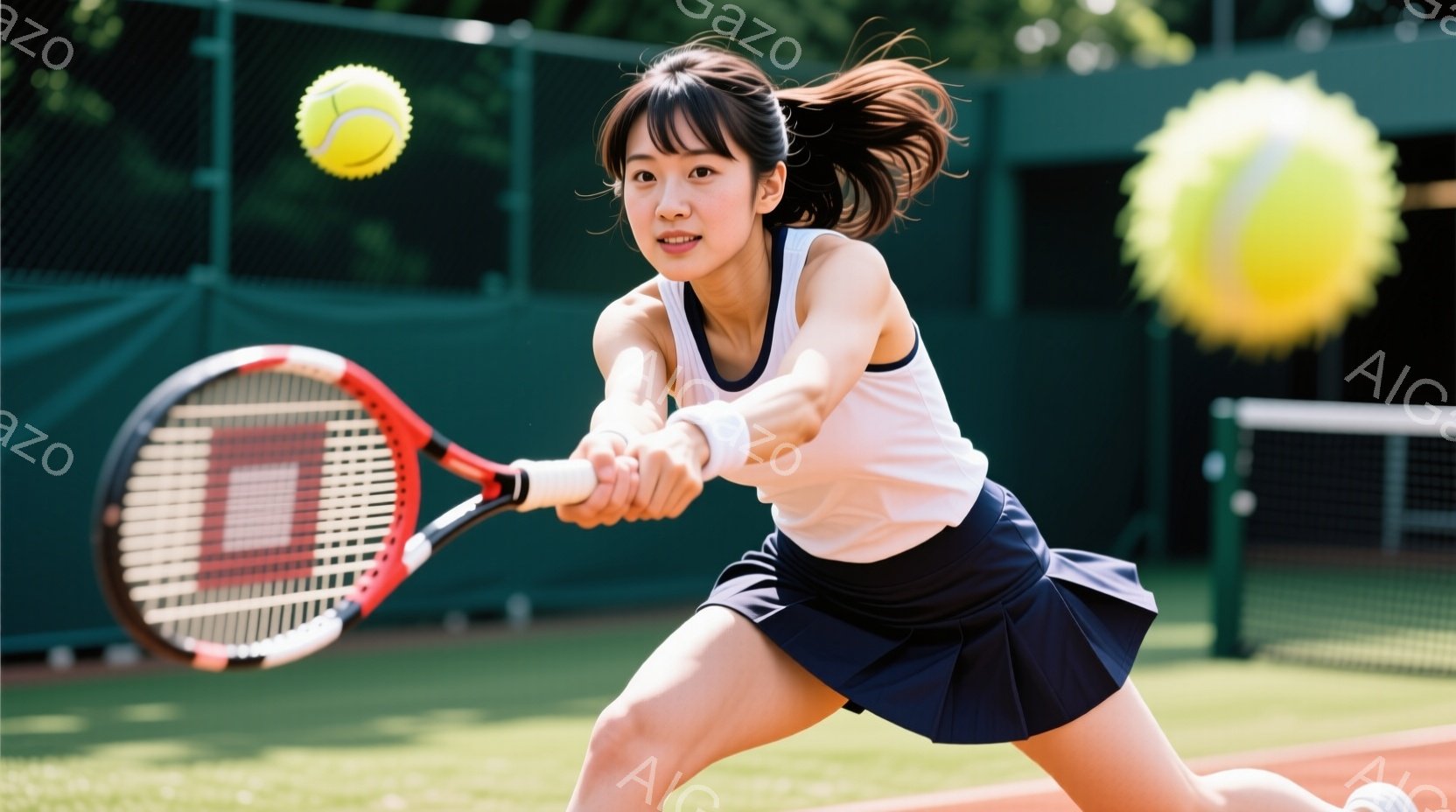 テニスをする若い女性が写っています。白いタンクトップと紺色のプリーツスカートを身につけ、髪をポニーテールにしています。彼女はフォアハンドでボールを打ち、集中した表情で、テニスコートの赤い土の上で構えています。