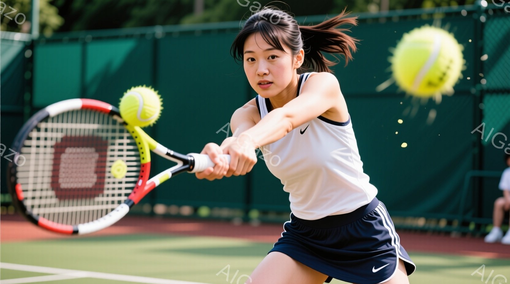 白いタンクトップと紺色のスカートを着た若い女性テニス選手が、フォアハンドストロークを打とうとしている瞬間を捉えた写真です。髪は後ろでポニーテールにしており、集中した表情でボールを見据えています。背景には緑のフェンスとテニスコートのネットが見え、快晴の空の下でスポーツを楽しむ活気ある雰囲気が感じられます。