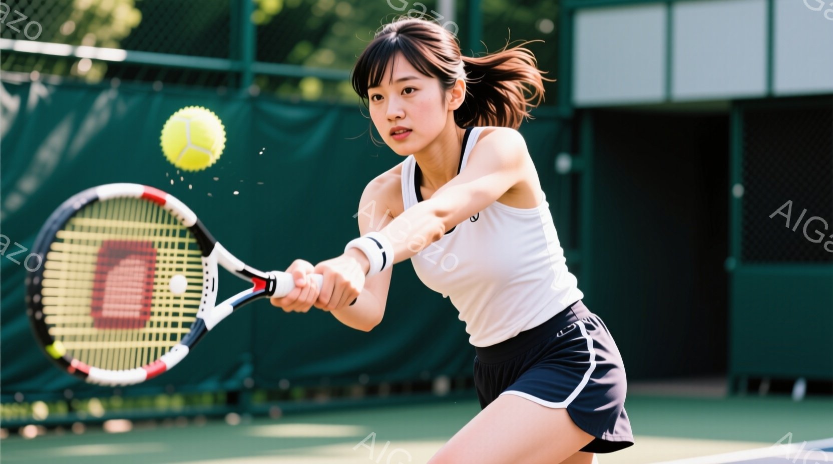 テニスをする若い女性が写っています。白いタンクトップと黒いショートパンツを着用し、髪はポニーテールに結ばれています。彼女はフォアハンドでボールを打ち、集中した表情をしています。