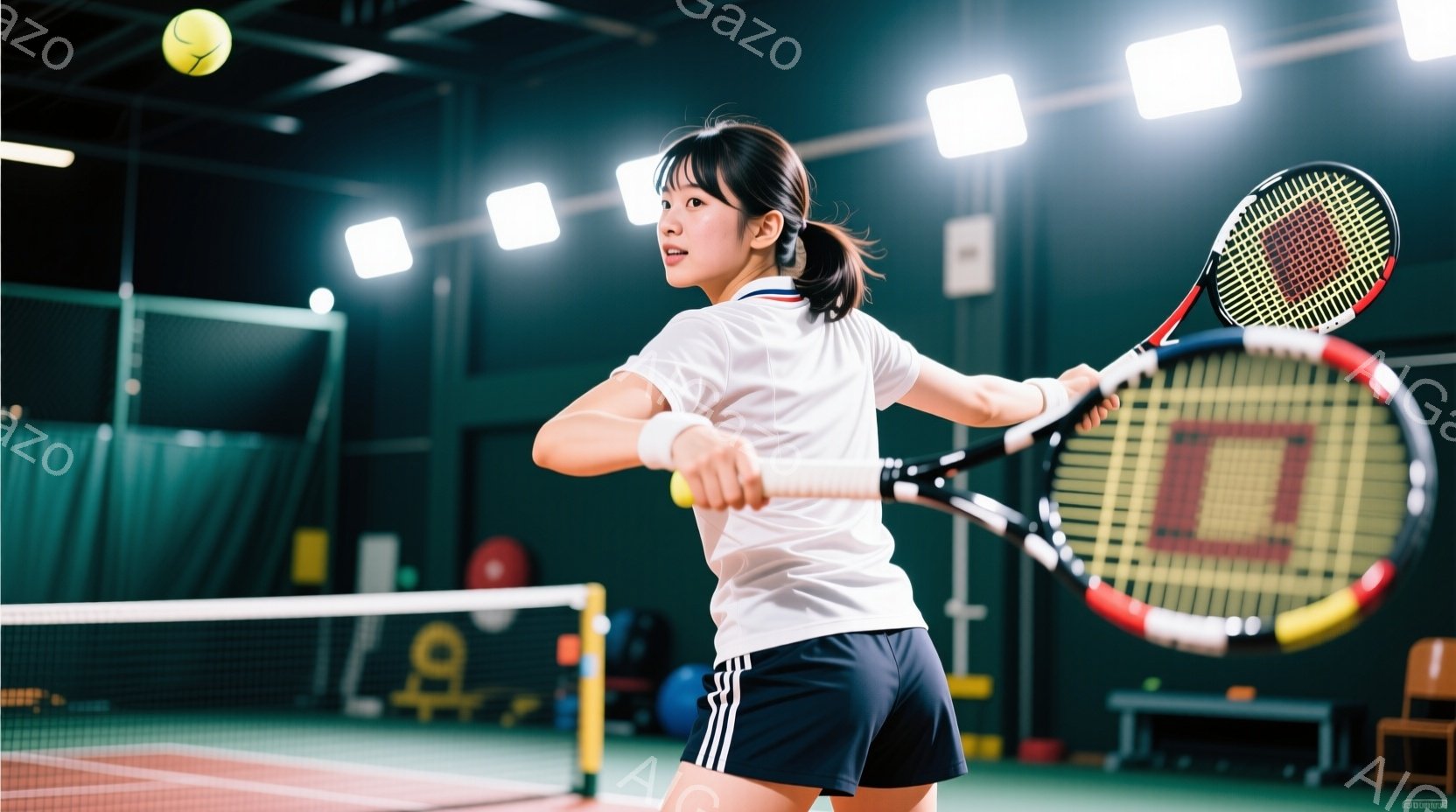 屋内テニスコートで、若い女性がテニスラケットを振りかぶり、ボールを打とうとしている瞬間を捉えた写真です。白いTシャツと紺色のショートパンツを着用し、髪は後ろでポニーテールにまとめています。背景には緑色 - AI生成フリー素材