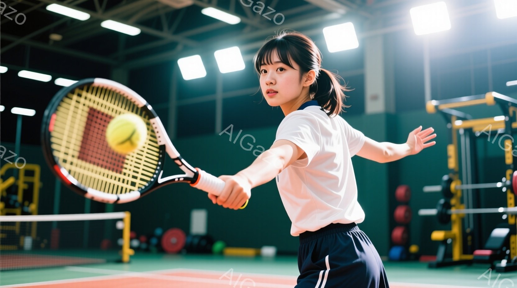 テニスをする若い女性が写っている。白いTシャツと紺色の短パン姿で、髪はポニーテールに結んでいる。彼女はテニスラケットでボールを打ち、集中した表情をしている。 - AI生成フリー素材