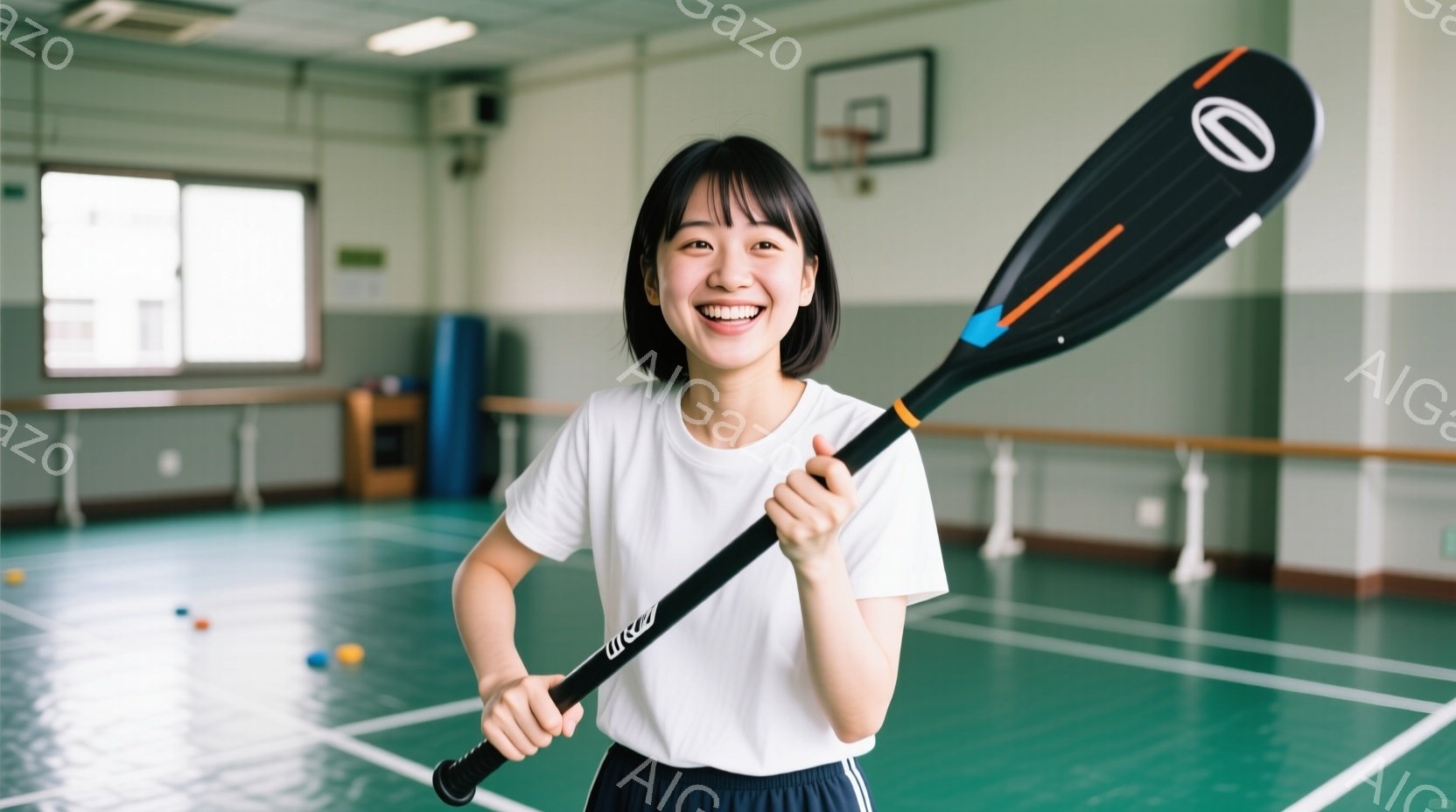 若い女性が体育館でカヌーのパドルを持って笑顔で立っています。白いTシャツと黒いショートパンツを着用し、前髪を下ろしたショートヘアです。背景には体育館の床と壁、そしていくつかのカラフルなボールが見え、明るく活気のある雰囲気です。