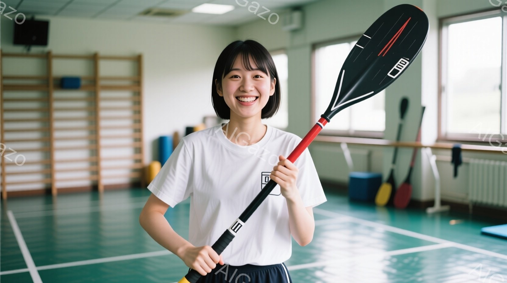 短い黒髪で、前髪を少しだけおろした女性が、白いTシャツと紺色の短いズボンを身につけて、笑顔で立っています。彼女は片手に赤いカヌーのパドルを持っており、体育館のような室内で、背景には他のパドルや壁があります。明るい照明と鮮やかな色彩が、活気のある雰囲気を醸し出しています。
