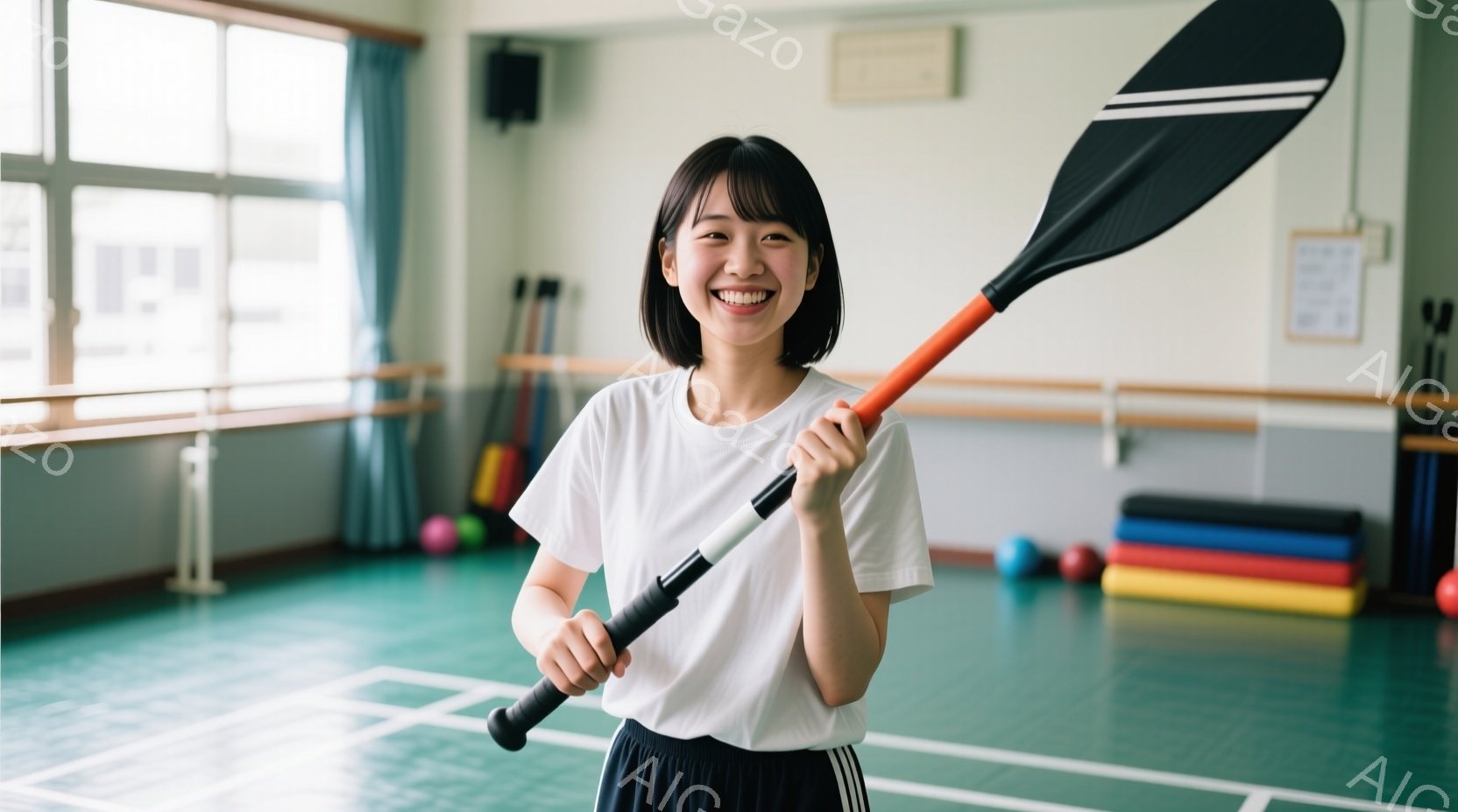 若い女性が体育館のような場所で、オレンジと黒のカヌーのパドルを笑顔で手に持っています。彼女は白いTシャツと黒いスポーツパンツを着用し、前髪を下ろしたショートヘアスタイルです。背景には、カラフルな体操用 - AI生成フリー素材