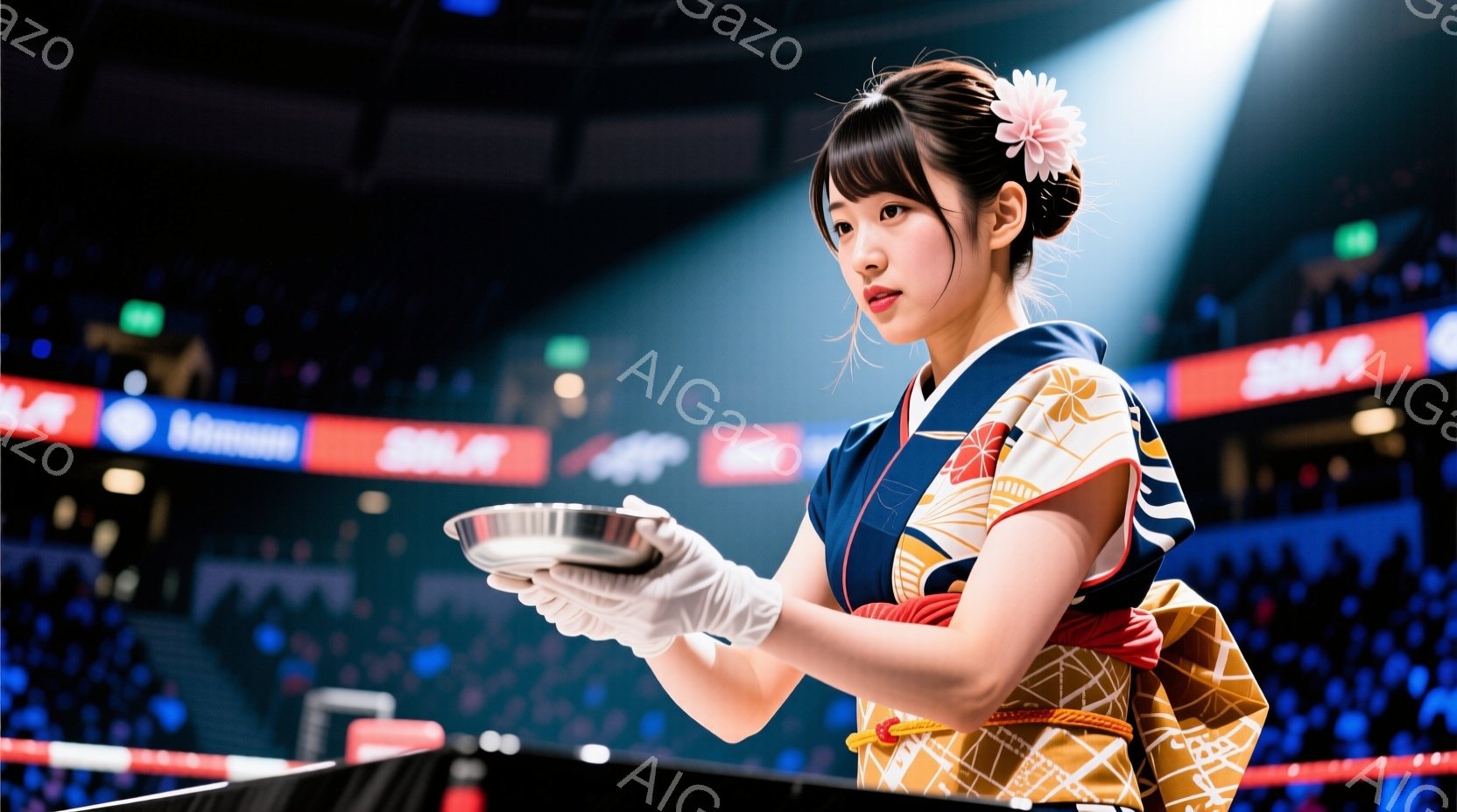 リングサイドで白い手袋をはめ、金属製のボウルを両手で差し出している女性が写っています。彼女は鮮やかな黄色と白の模様が入った着物と、濃い青色の帯を身につけており、髪はアップスタイルで、赤い花飾りをつけています。背景には観客席が見え、リングのロープと照明が、活気あるボクシングイベントの雰囲気を醸し出しています。