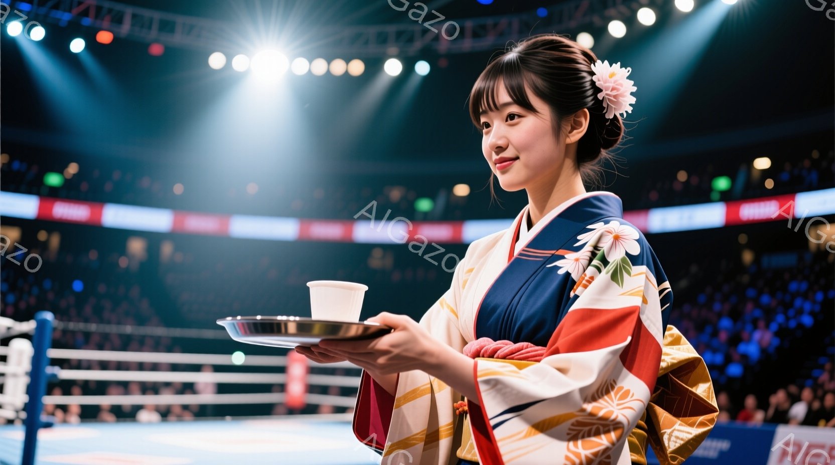 この女性はリングの上で、片手にトレイを持って立っており、その上には白い湯呑みが置かれています。彼女は鮮やかな赤、オレンジ、白の幾何学模様が施された着物を着ており、髪は後ろでまとめられ、白い花で飾られています。背景には観客席が見え、リングは照明で照らされており、試合の雰囲気を感じさせます。