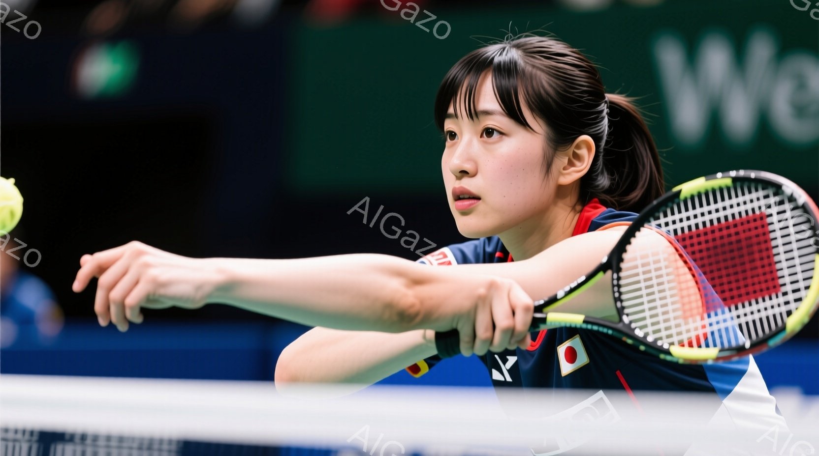 バドミントンをしている女性選手を捉えています。彼女は青と白を基調としたユニフォームを着用し、髪は後ろでポニーテールに結ばれています。集中した表情でラケットを構え、ネットに向かって前傾姿勢でボールを打とうとしている様子がわかります。