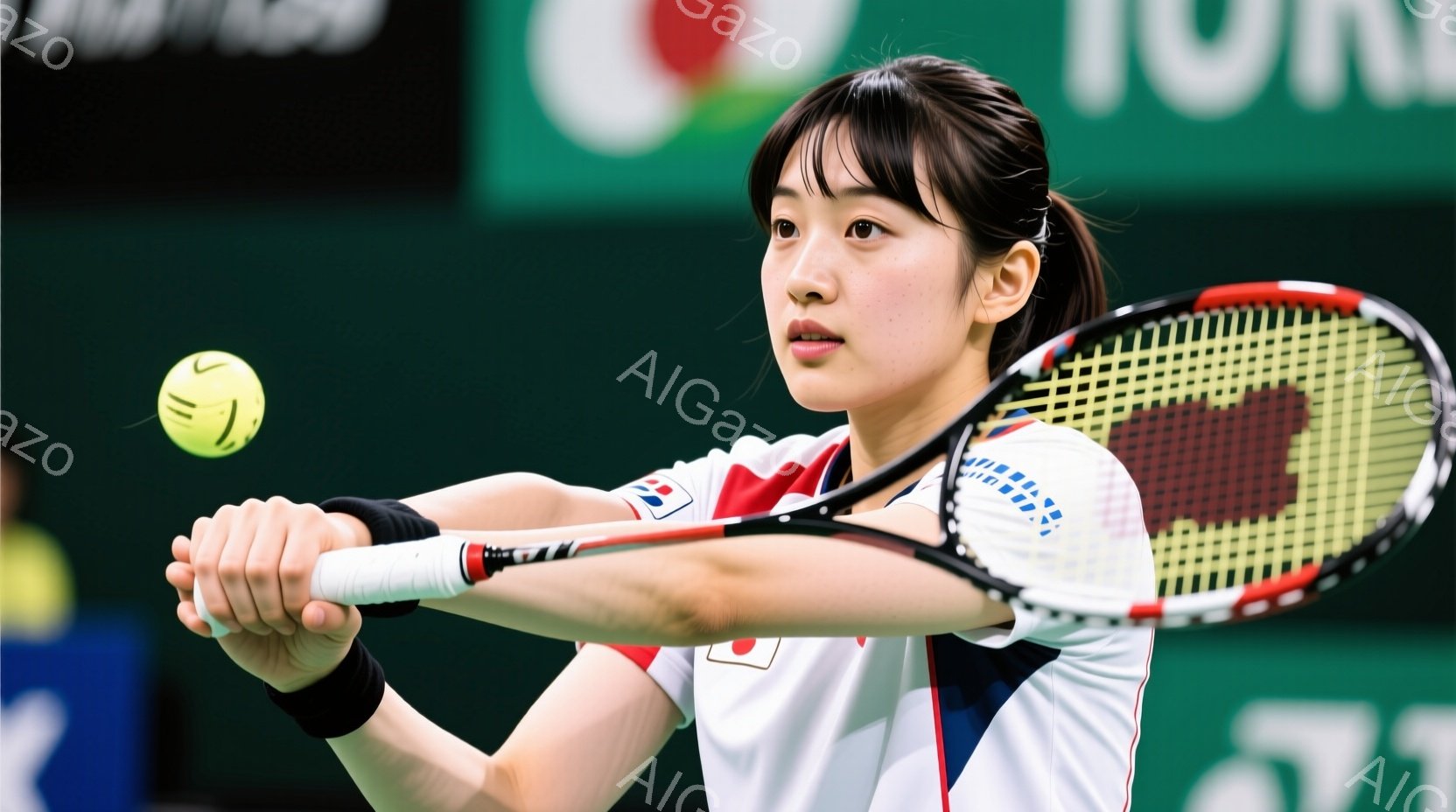 画像はテニスをする女性選手を捉えている。彼女は白いシャツと黒いショートパンツを着用し、髪はポニーテールにまとめられている。集中した表情で、ラケットを振り、空中に浮かぶボールを打ち返そうとしている。 - AI生成フリー素材