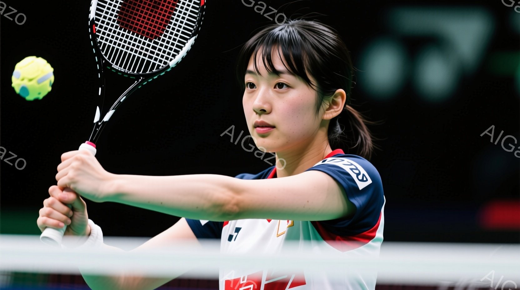 バドミントンをする女性選手が写っている。彼女は白いシャツに赤いラインが入ったユニフォームを着ており、髪は後ろでポニーテールにしている。集中した表情で、ラケットを構え、ネット上空のシャトルコックに視線を - AI生成フリー素材