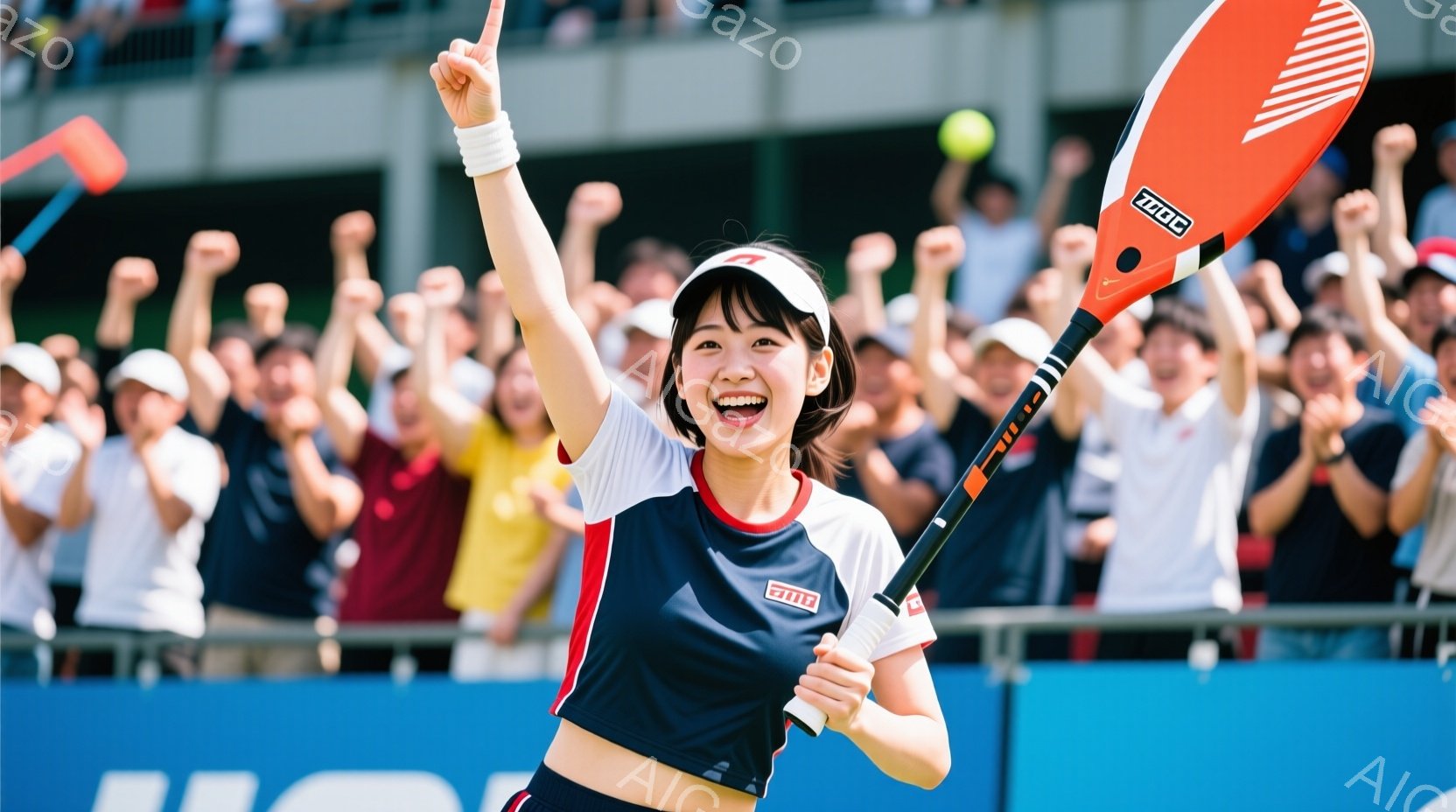 テニスウェアを着た若い女性アスリートが勝利を喜び、片手を高く上げている様子を捉えています。彼女は黒いヘアバンドで髪をまとめ、赤いラインが入った黒のタンクトップと黒いショートパンツを着ています。背景には - AI生成フリー素材