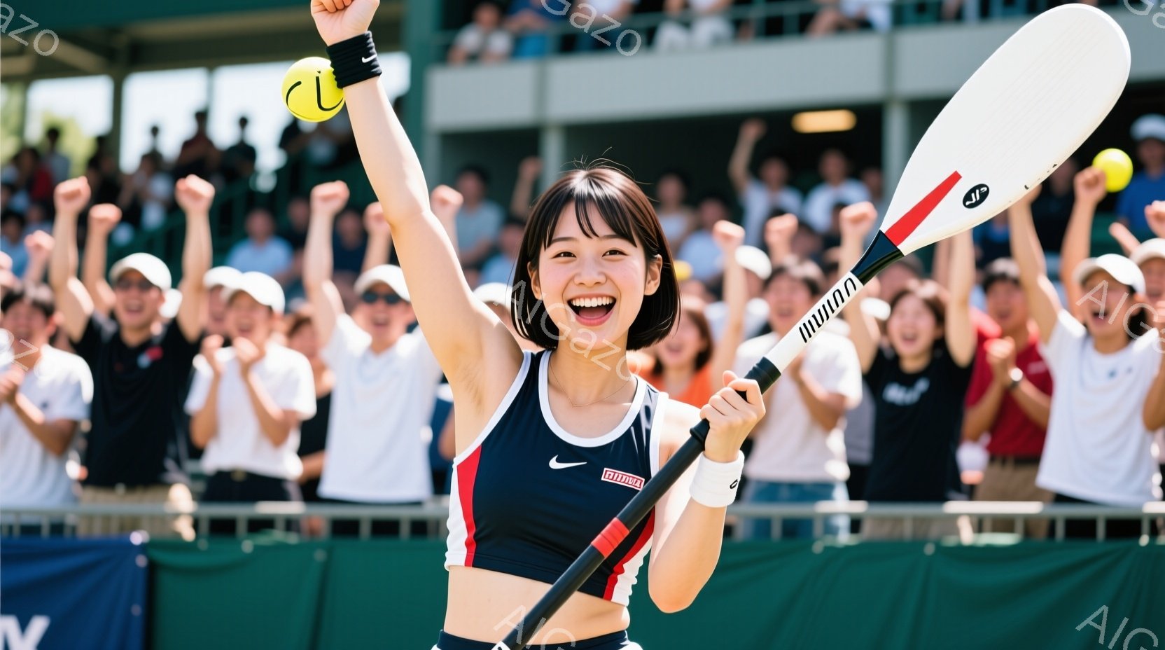 緑色のコートで勝利を祝う女性テニス選手を捉えています。彼女は紺色のタンクトップと白のショートパンツを着用し、顔には満面の笑みを浮かべており、片手を高く上げて喜びを表しています。背景には観客席が広がり、 - AI生成フリー素材