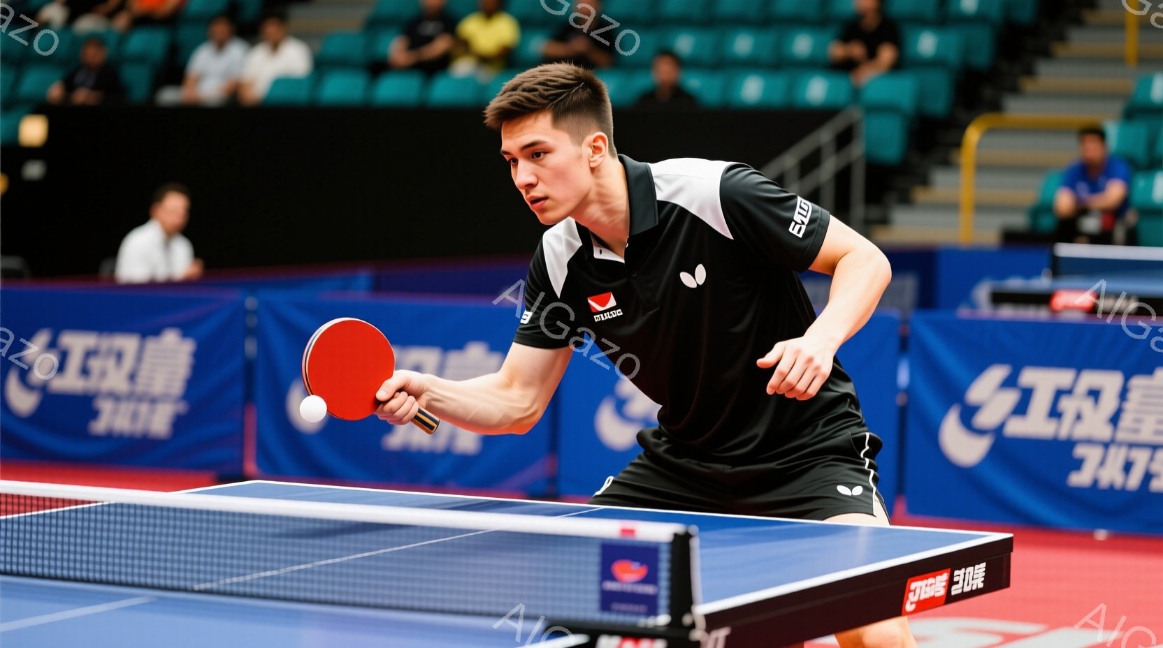 卓球台の前に立つ若い男性選手は、黒と白のスポーティーな服装を着用し、集中した表情でラケットを構えています。短髪で引き締まった表情からは、競技への真剣さが伝わってきます。背景にはぼやけた観客席が見え、競 - AI生成フリー素材