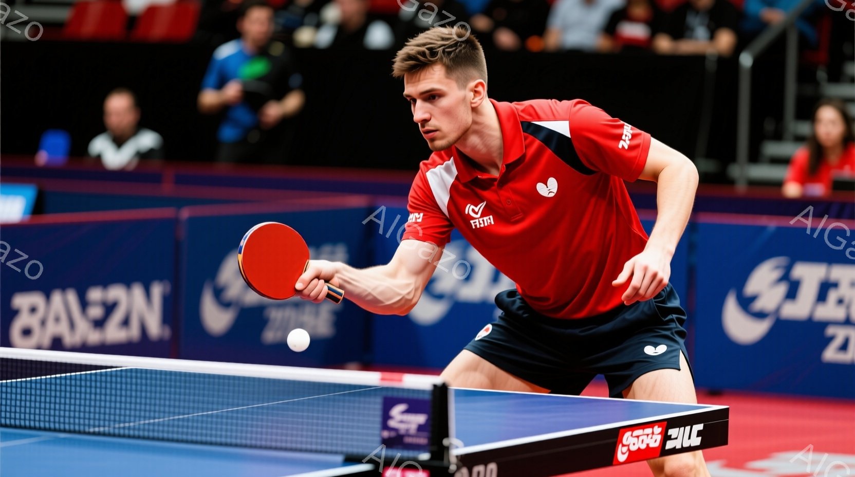 男性の卓球選手が試合中にボールを打とうとしている瞬間を捉えた写真です。彼は赤と黒のスポーティーなウェアを着用し、短髪で集中した表情をしています。背景にはぼやけた観客席と、広告が表示された卓球台の緑色の - AI生成フリー素材