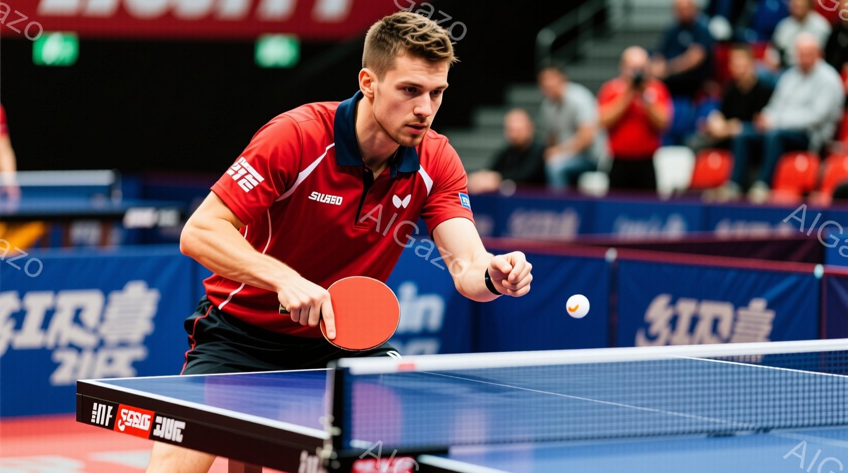 男性の卓球選手が試合中の様子が写っている。赤いポロシャツと黒いショートパンツを着用し、金髪の髪型で、集中した表情でフォアハンドのストロークを繰り出している。背景には観客席が見え、競技場の照明が明るく、競技に集中した熱気ある雰囲気が伝わってくる。